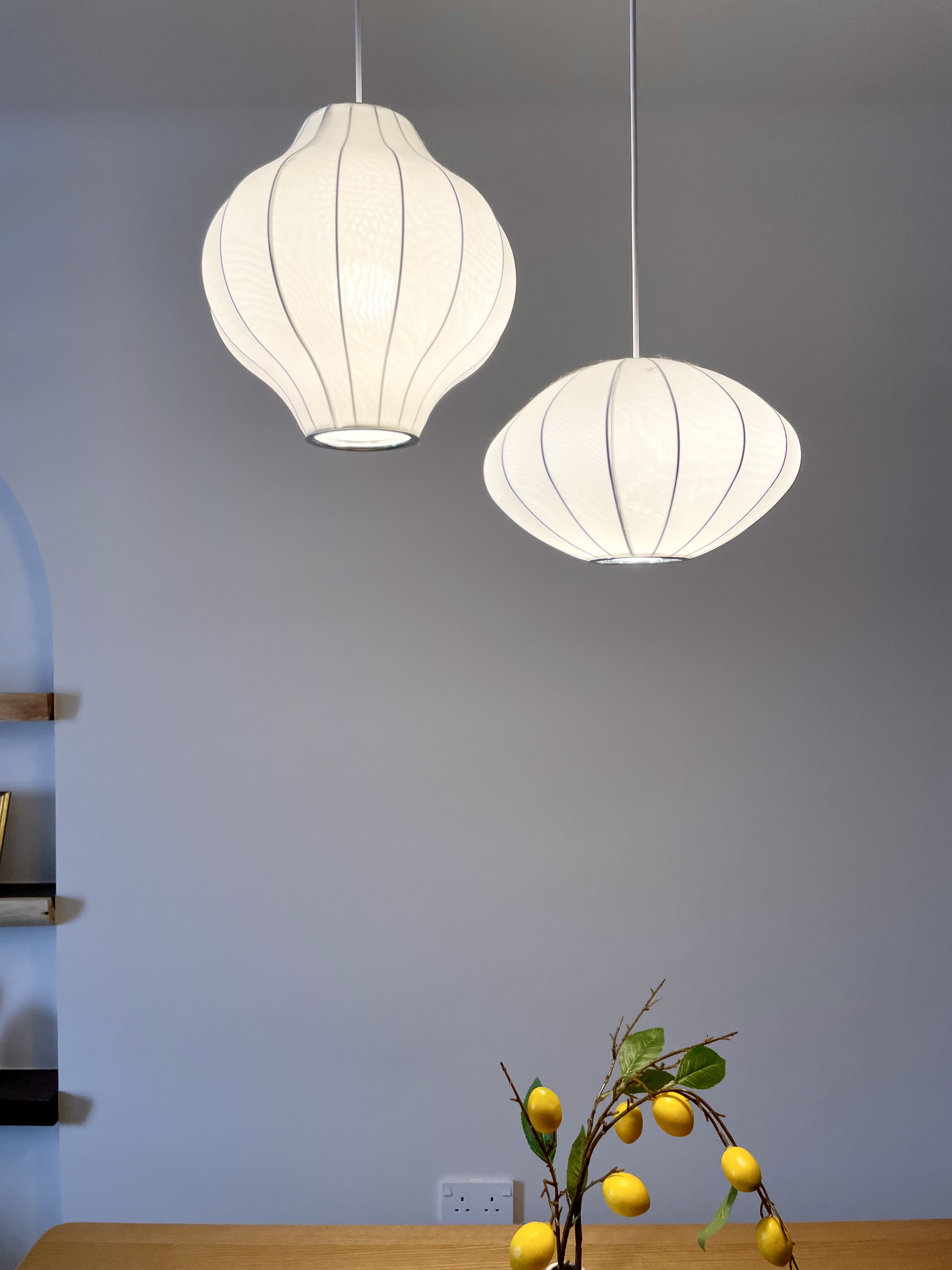 Japandi style dining area  - modern interior design, minimalist decor, contemporary style, white pendant lights, hanging