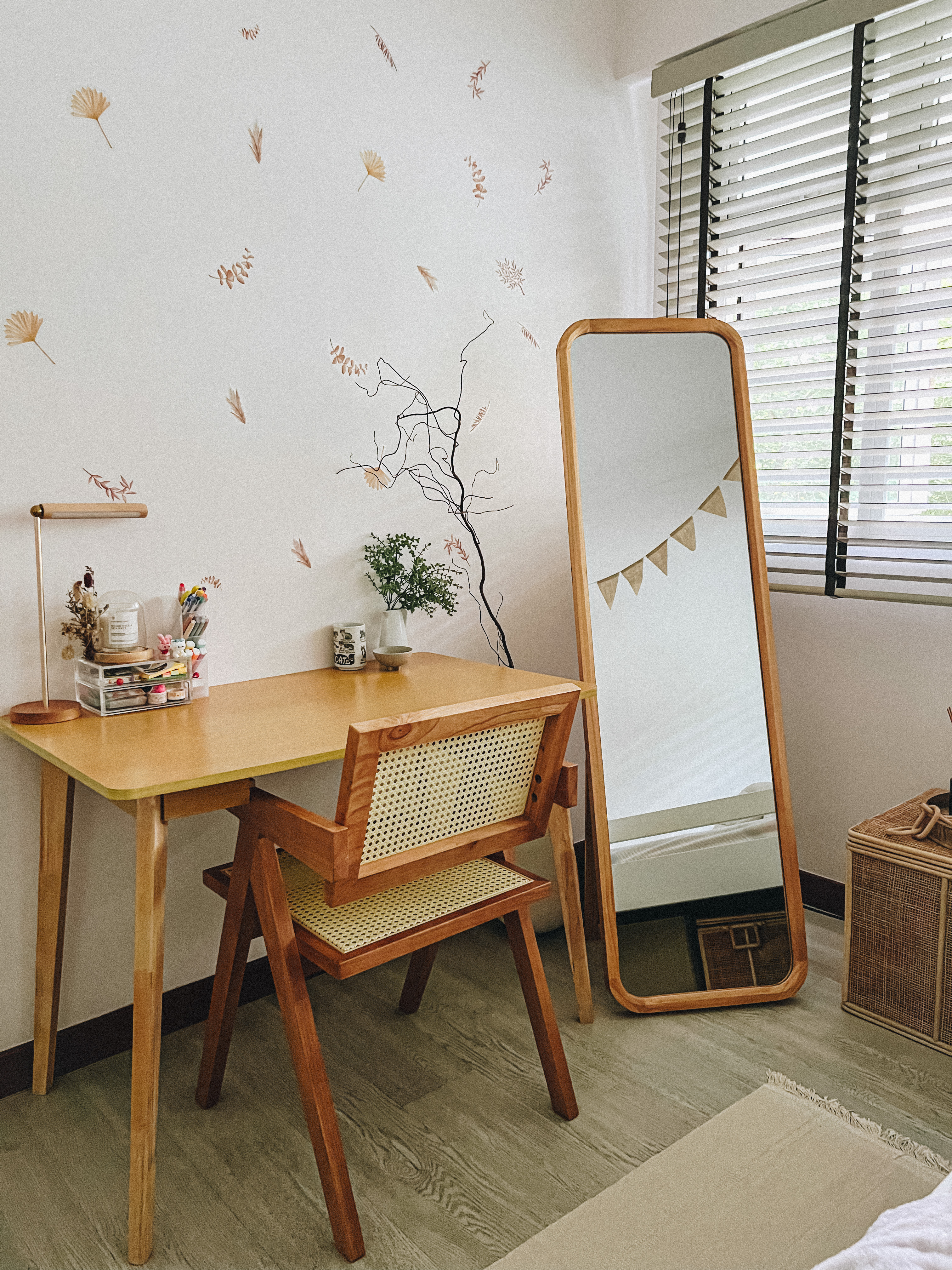 Kids Bedroom - Wall decal, abstract design, dried flower, bird, leaves, nature theme, minimalist decor, wooden desk, woven