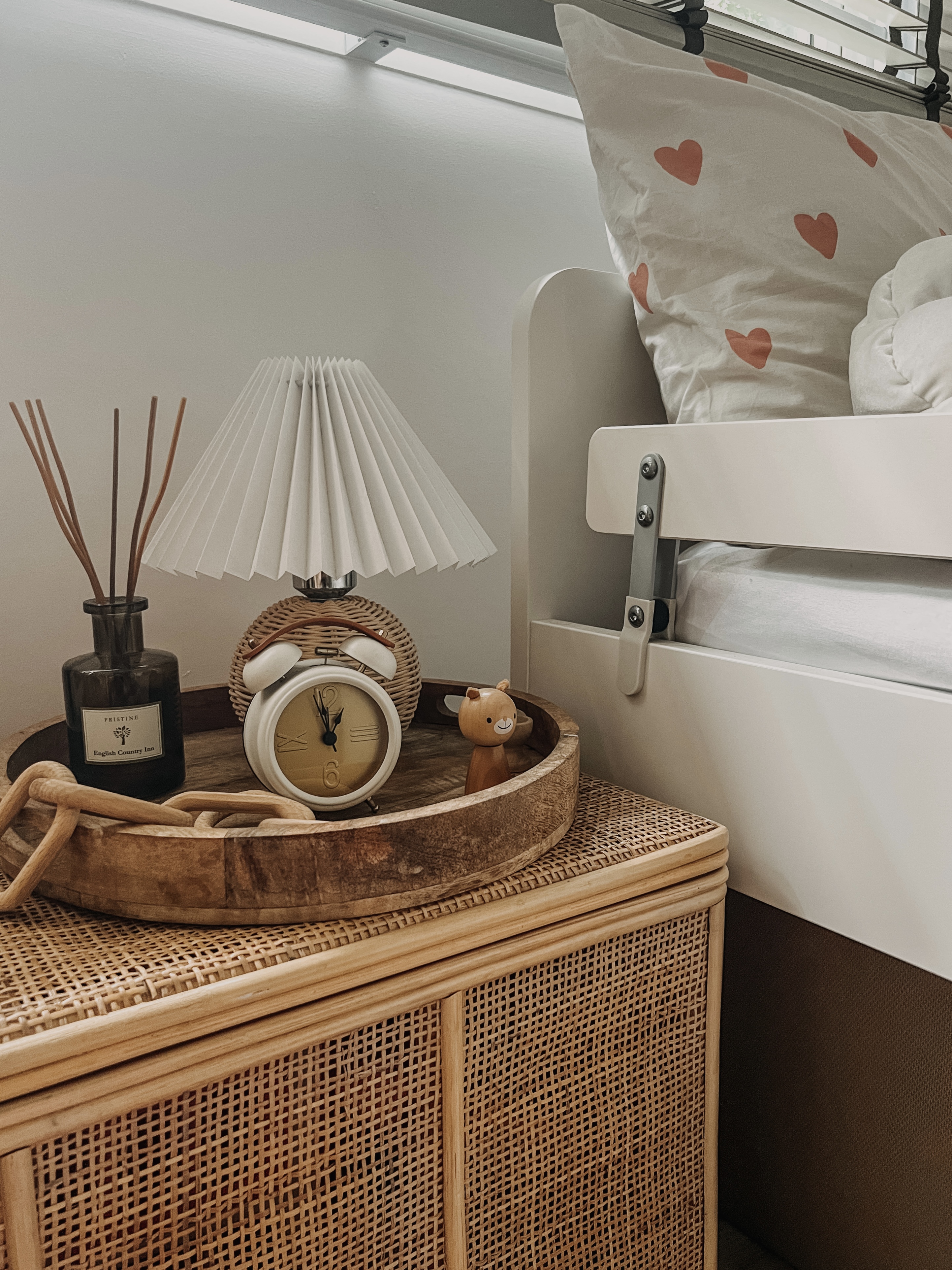Kids Bedroom - English countryside Inn, rustic wooden nightstand, vintage alarm clock, wooden tray, wicker bed frame