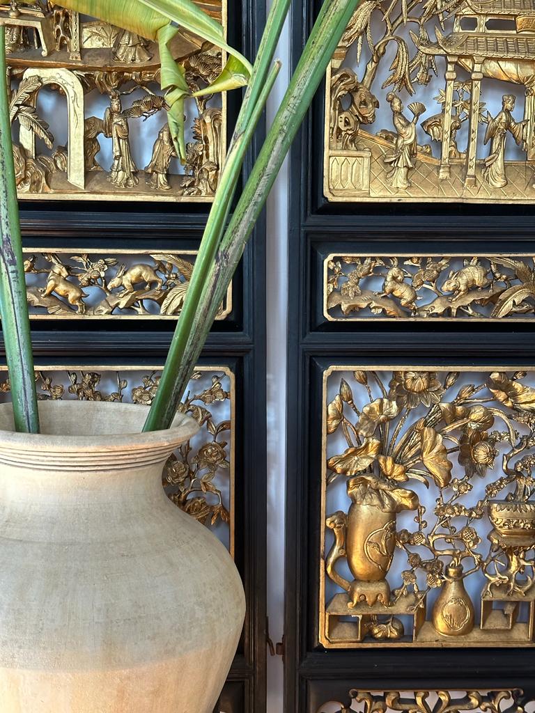 styling bedroom with existing furniture - Golden relief panels, intricate carvings, traditional Asian motifs, elegant floral