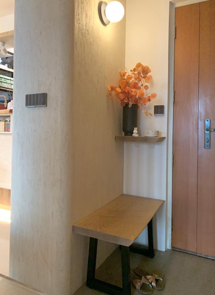 Warm Entryway With Lots Storages | HDB - Japanese Inspired Interior - Wall-mounted light, wooden bench, minimalist design