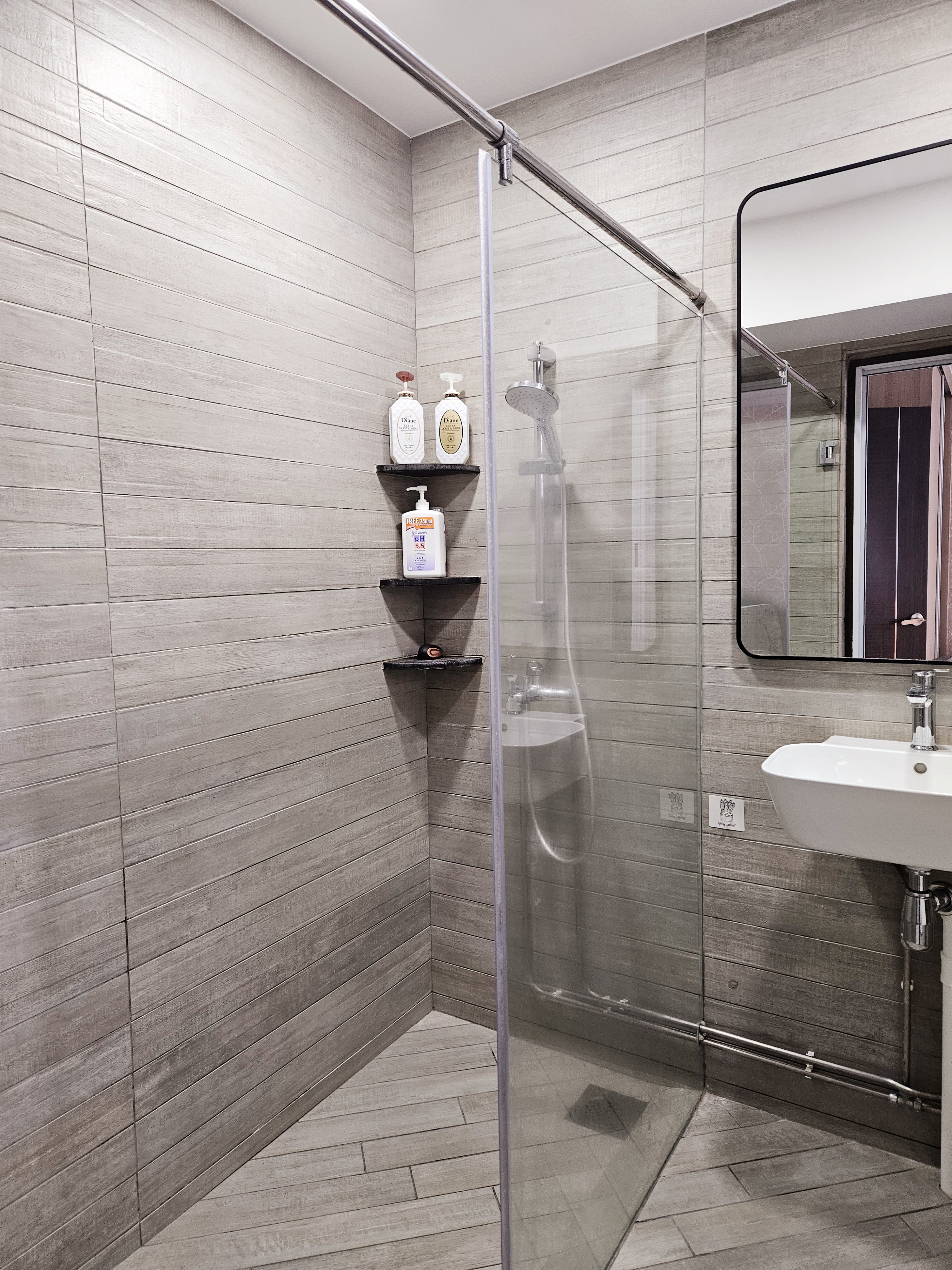 Our EARTHY Bathrooms - Wooden wall tiles, modern bathroom, glass shower enclosure, sleek design, minimalist decor