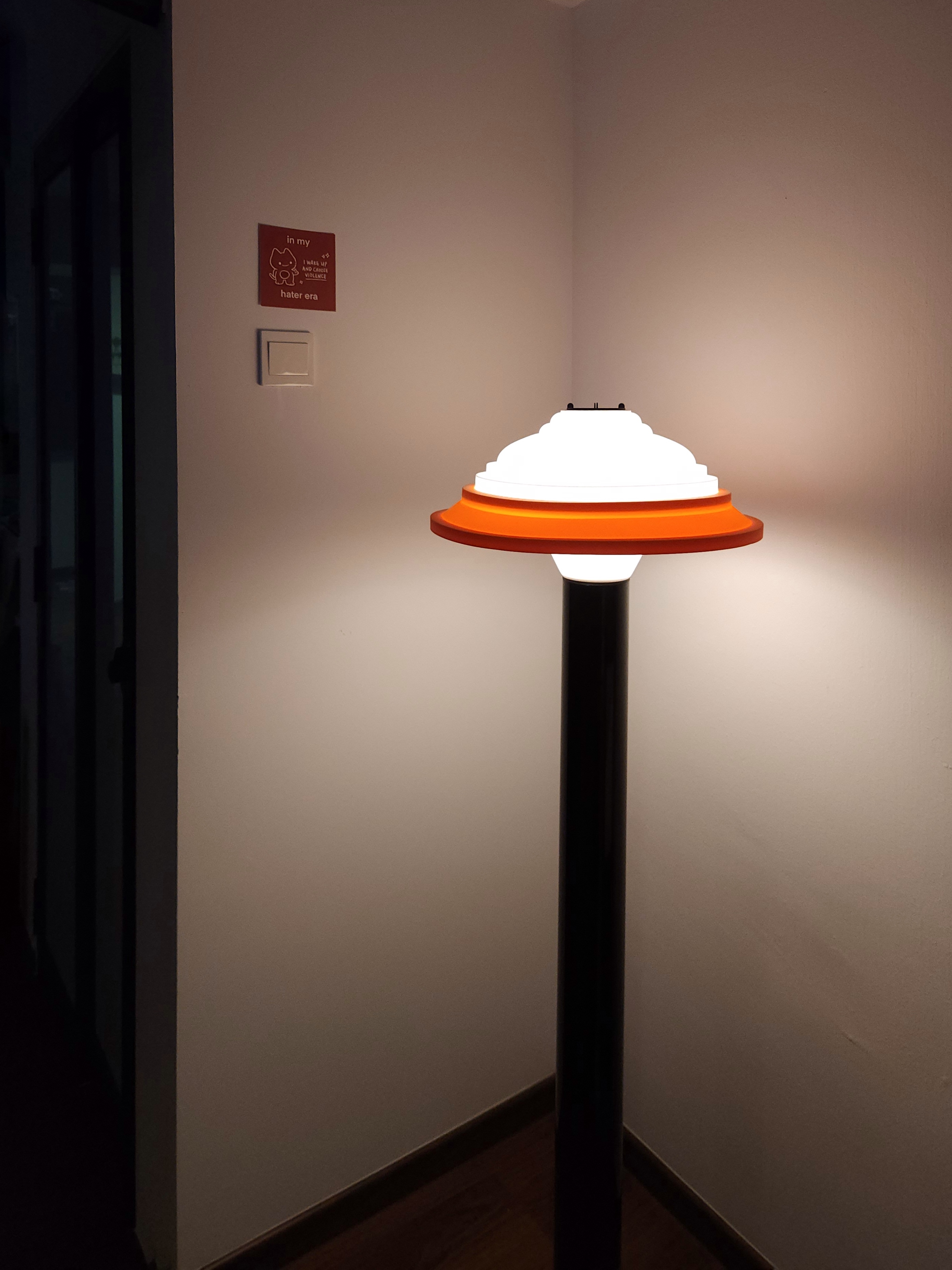 Our Trapezoidal Glass Office Where We WFH Everyday - Modern floor lamp, minimalist design, white lampshade, orange rim, sleek