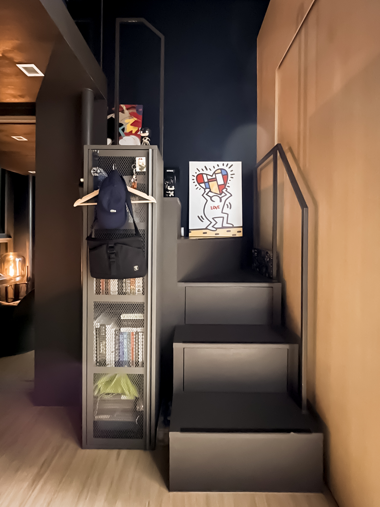 Dual-Function Loft (Study Room + Bedroom) - modern interior, staircase, dark walls, minimalist design, bookshelf, hanging
