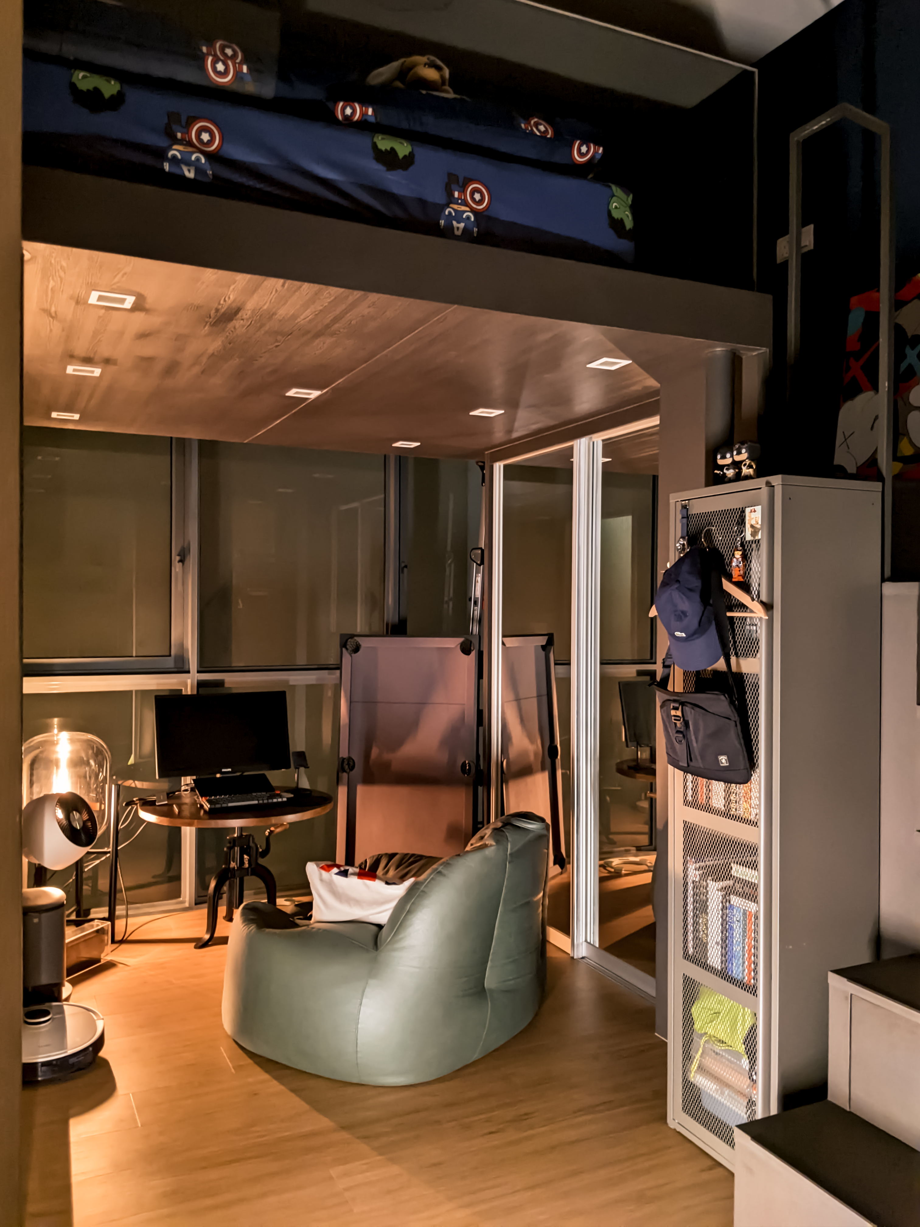 Dual-Function Loft (Study Room + Bedroom) - Modern bedroom with bunk bed, wooden flooring, large window, desk with computer