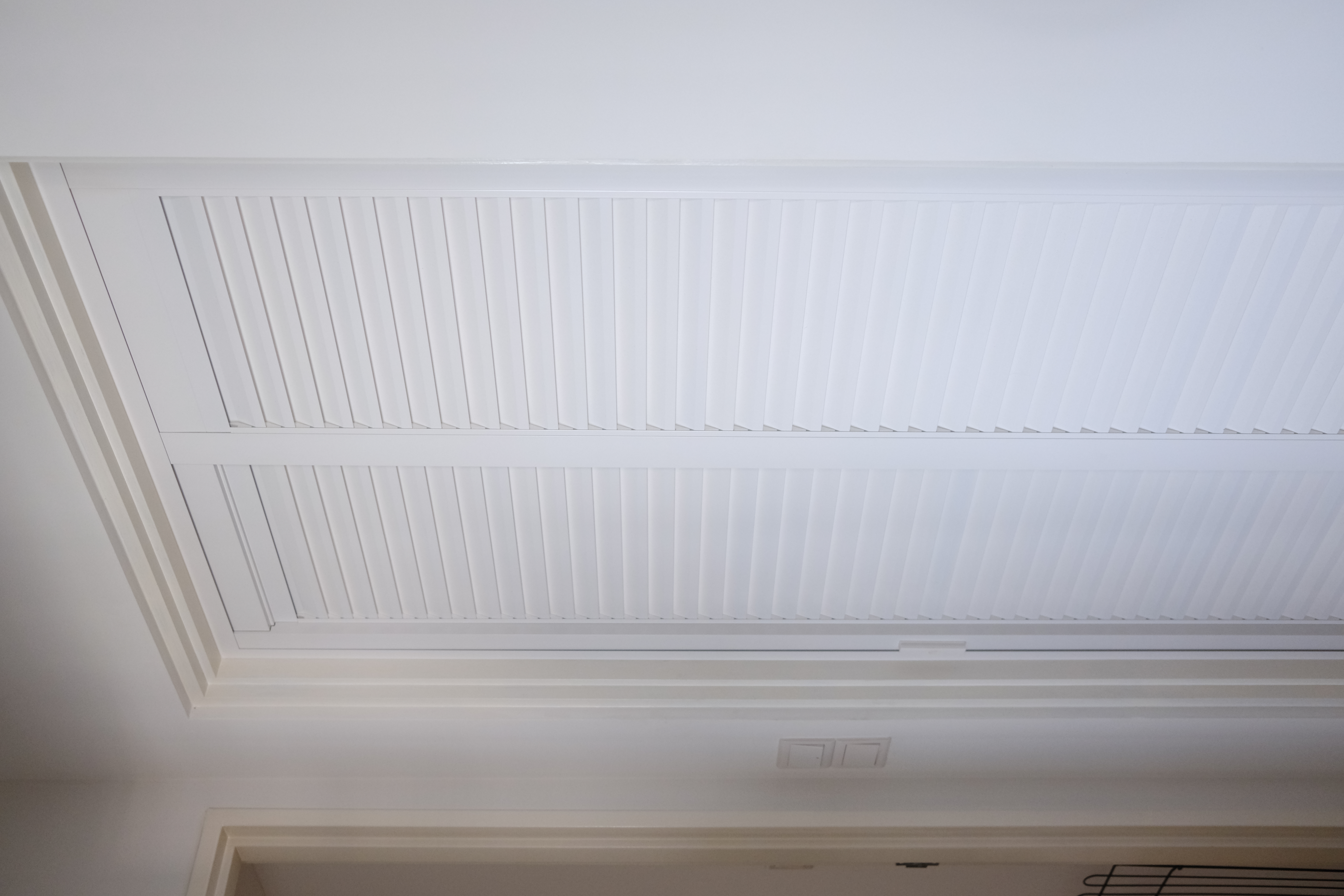 Our Bathroom | Where we freshen up  - White ceiling with decorative molding, horizontal slats, clean lines, minimalist