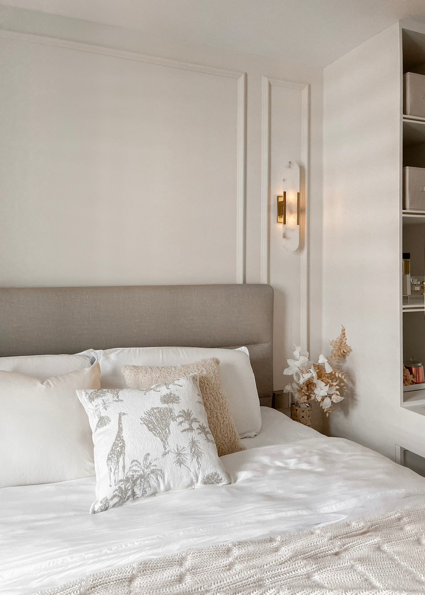 No monsters under this bed, its beside it - White and beige bedding, elegant headboard, plush pillows, nature-inspired