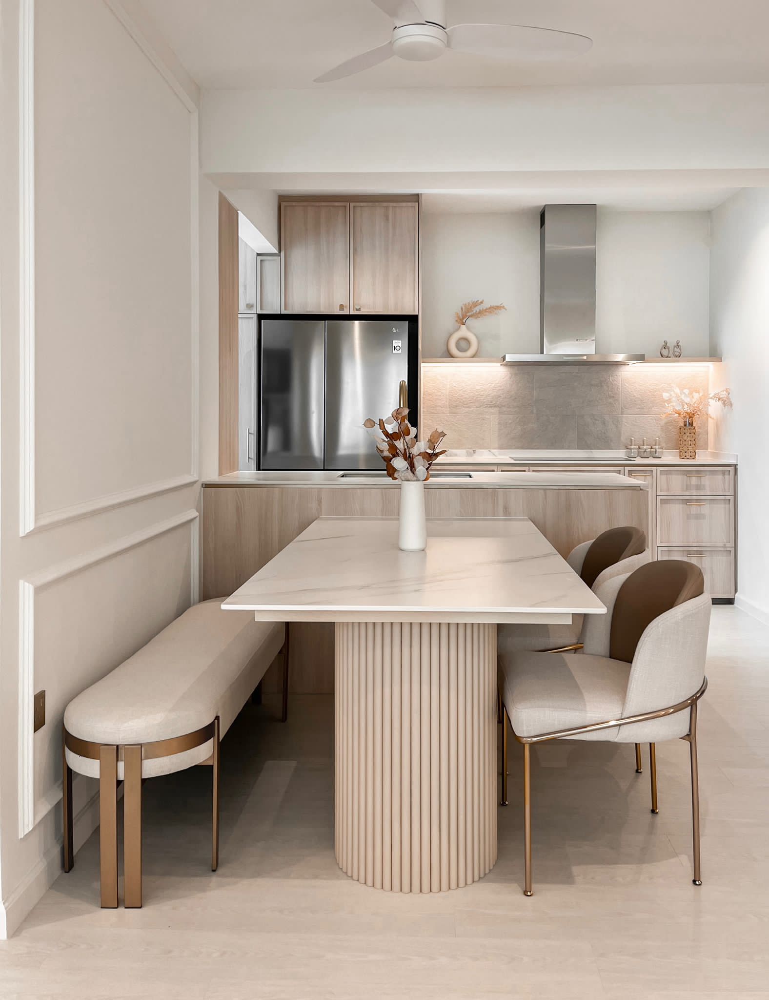 My Dream Dining - Modern kitchen with sleek design, minimalist furniture, light beige color palette, built-in appliances