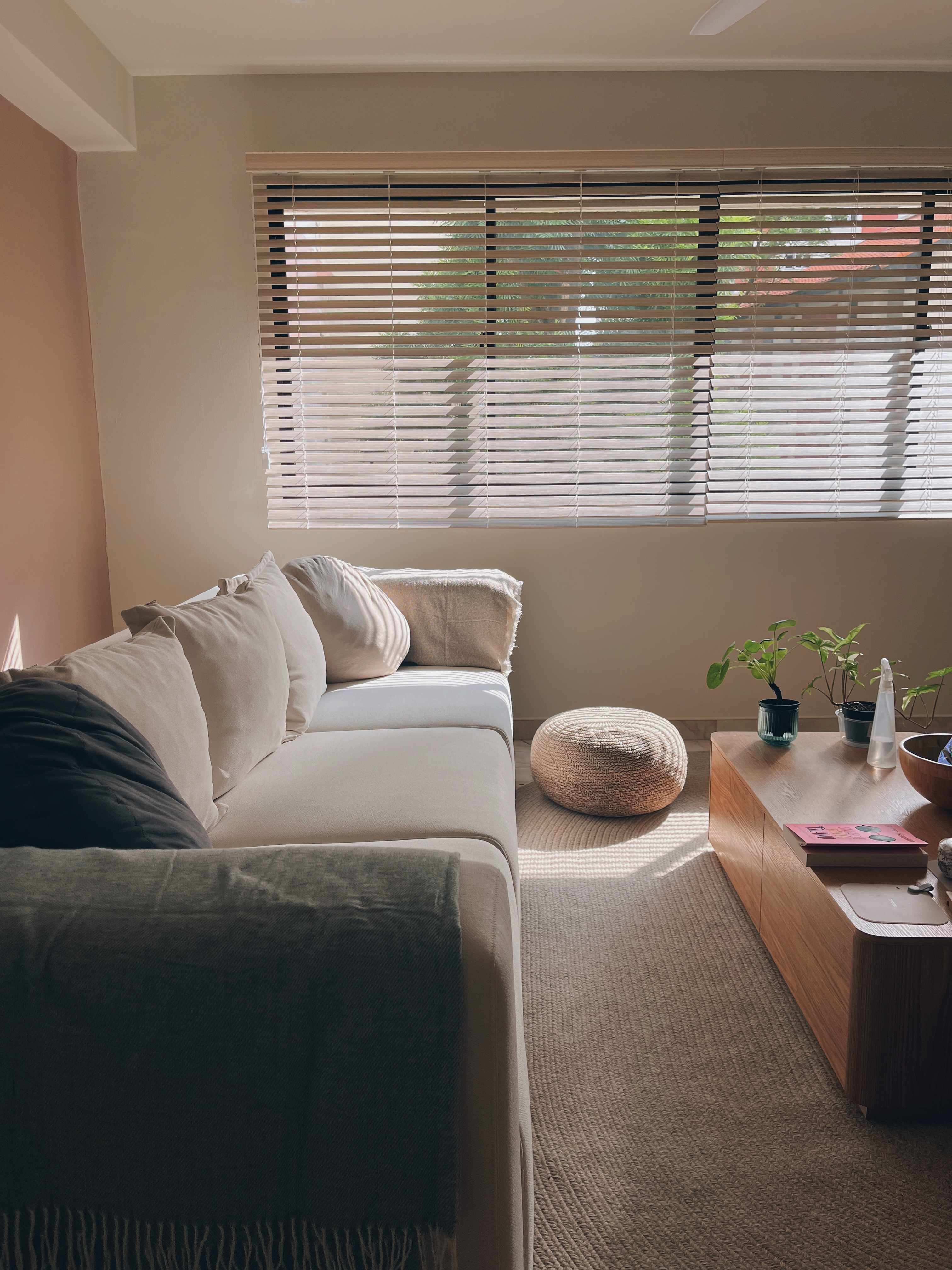 Cosiest nook for me-time and a book! - Sunlight streaming into room, beige walls, white ceiling, wooden window blinds, beige