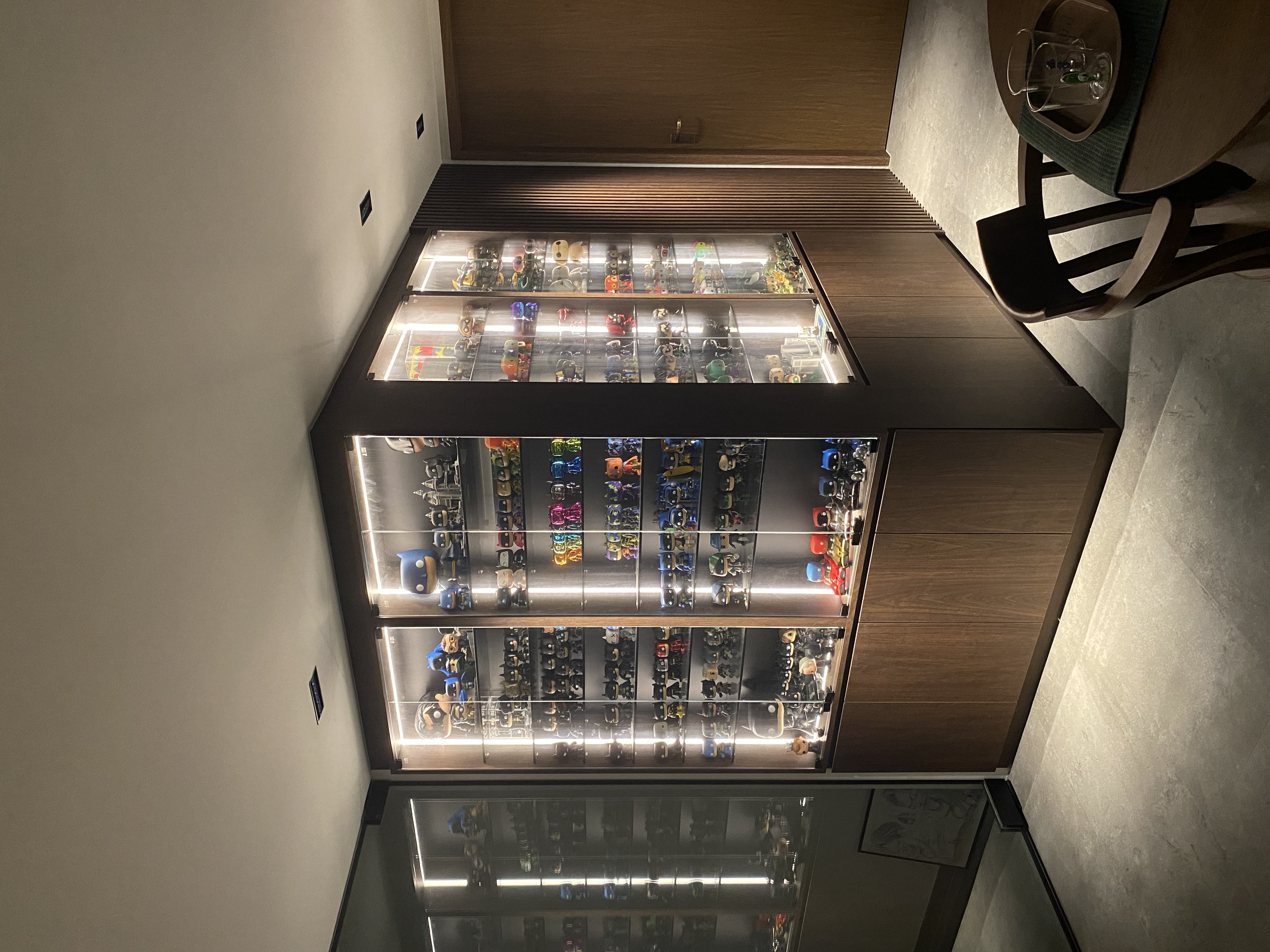 This is where the fun choice starts - Modern display case, sleek design, illuminated glass, organized collection, colorful