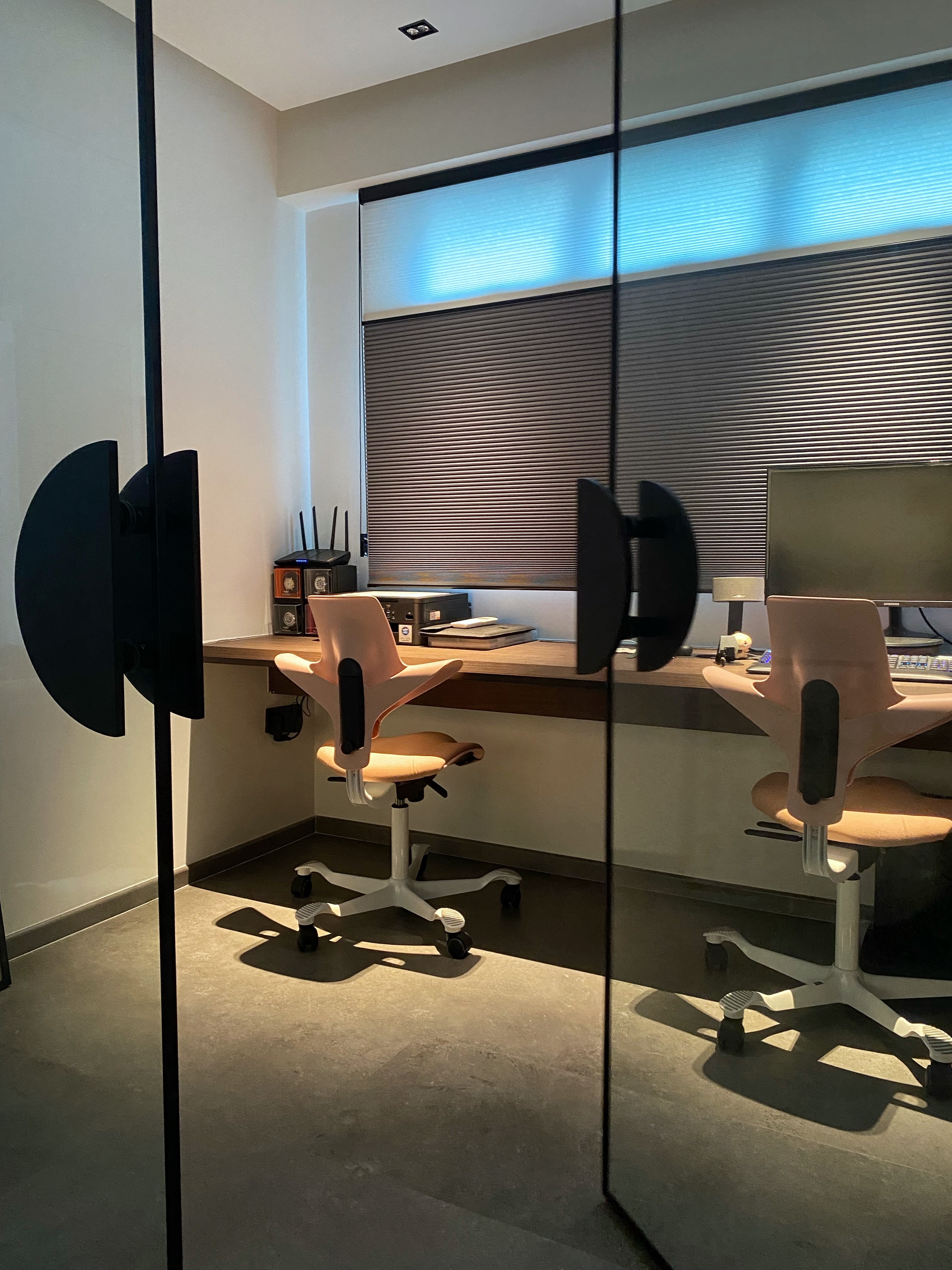 This is where the fun choice starts - Modern workspace, minimalist design, ergonomic chair, dual desk setup, workspace with