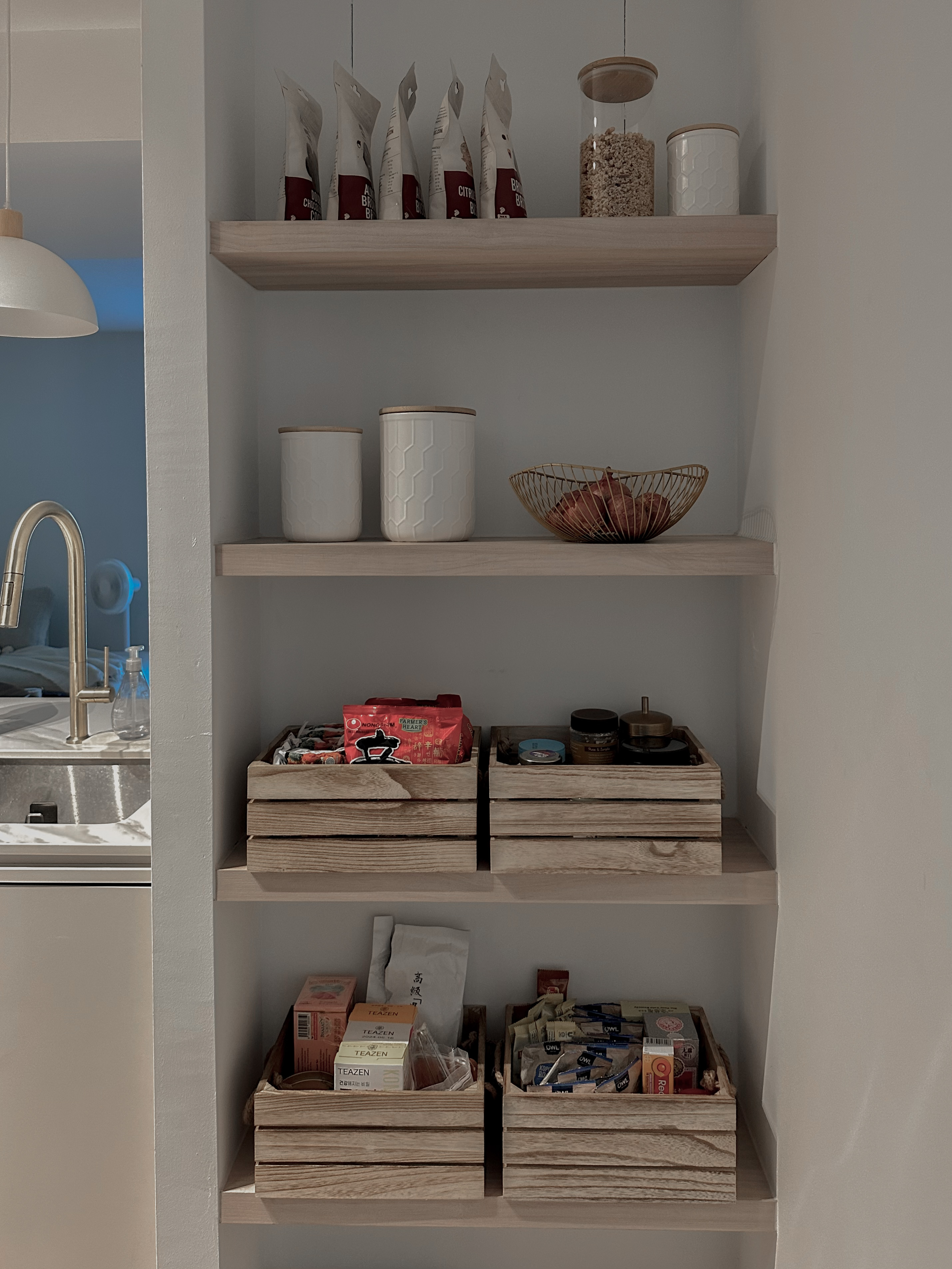 Maximising Use of Space with a Pantry Area - Wooden shelves, minimalist design, modern kitchen, kitchen island, hanging