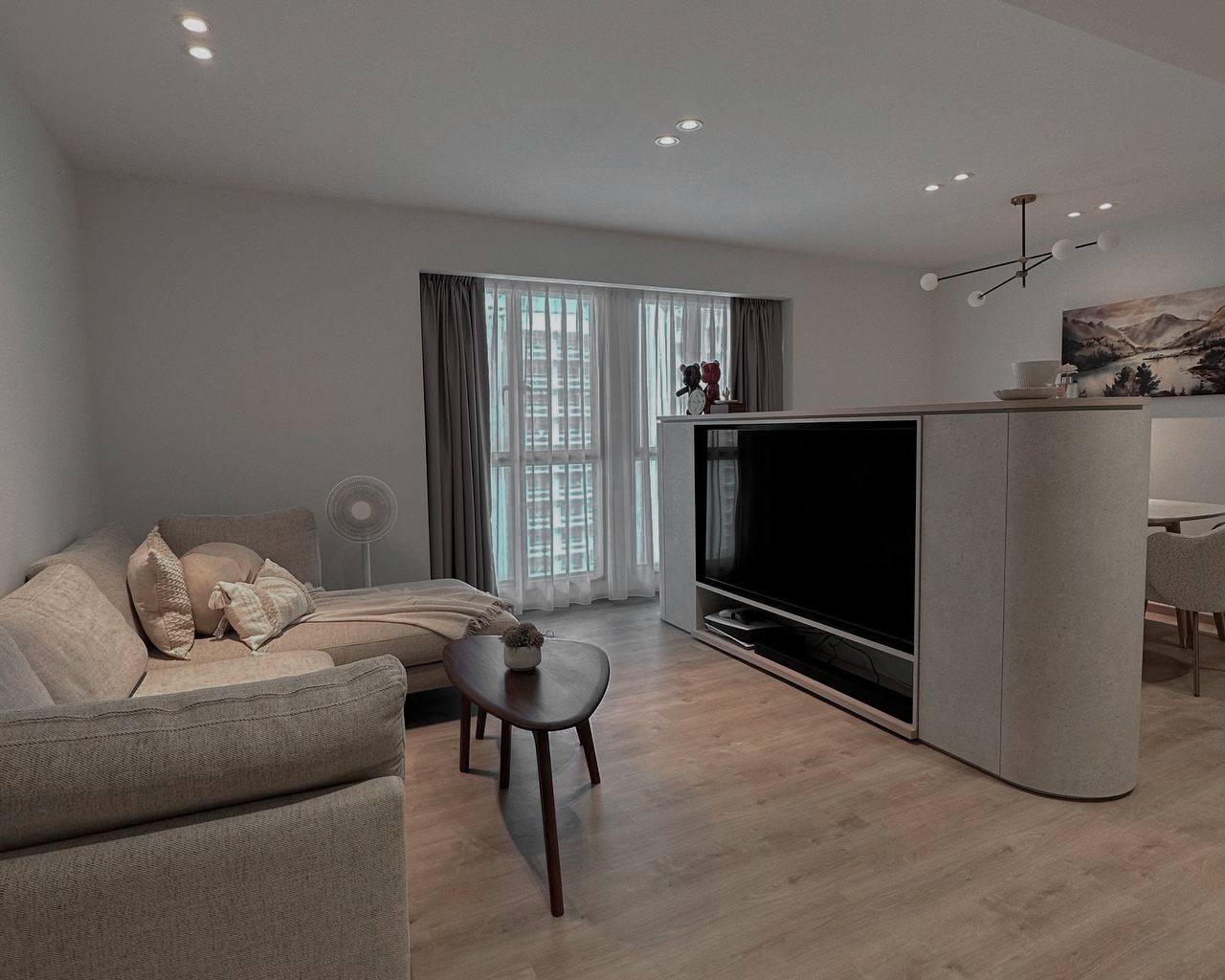 Cosy Living Room with Half TV Wall Storage - Modern living room with beige sofa, wooden coffee table, floor fan, large window