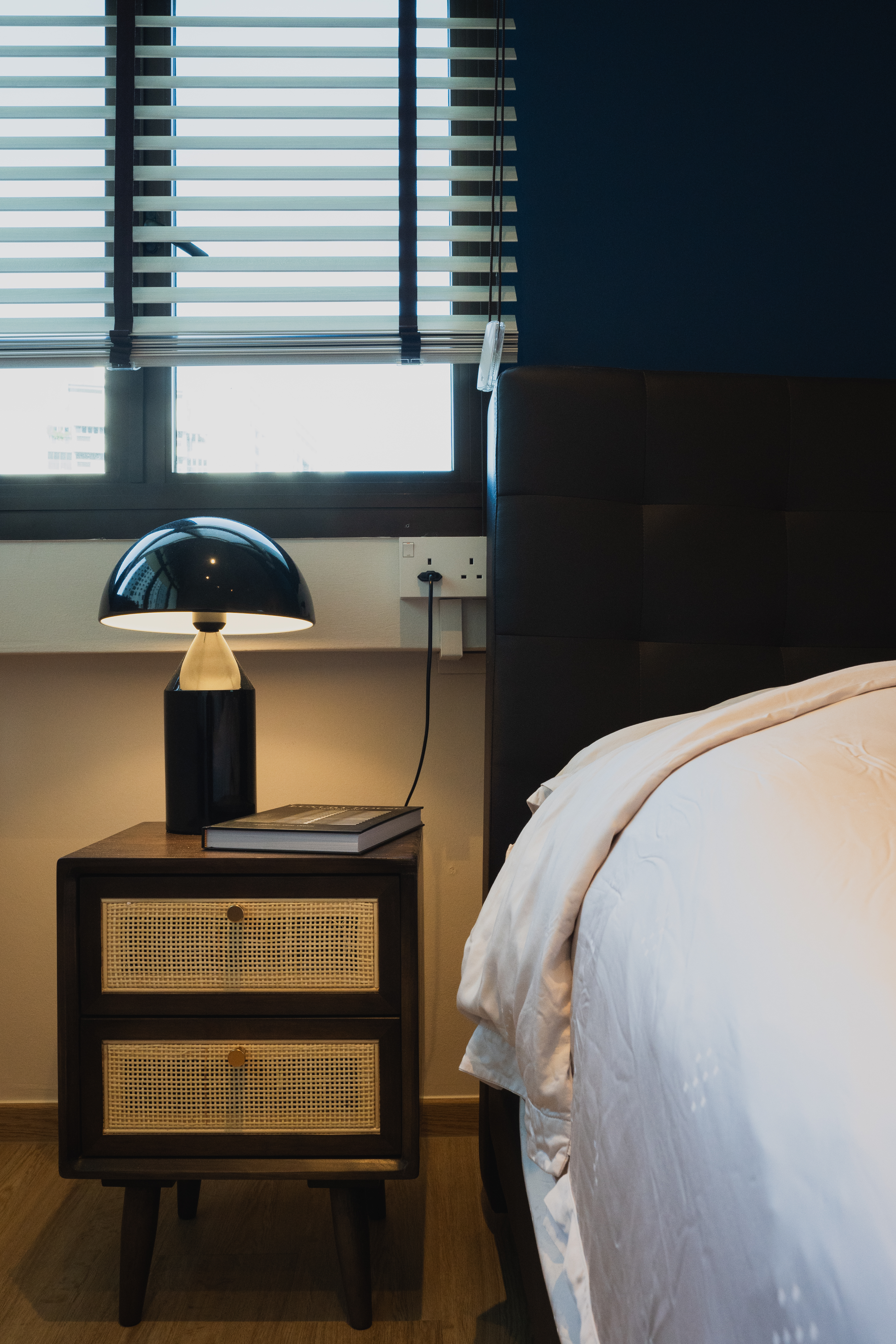 Italian cafe inspired theme  - Bedroom, nightstand, bedside table, black lamp, white lampshade, wooden furniture, dark