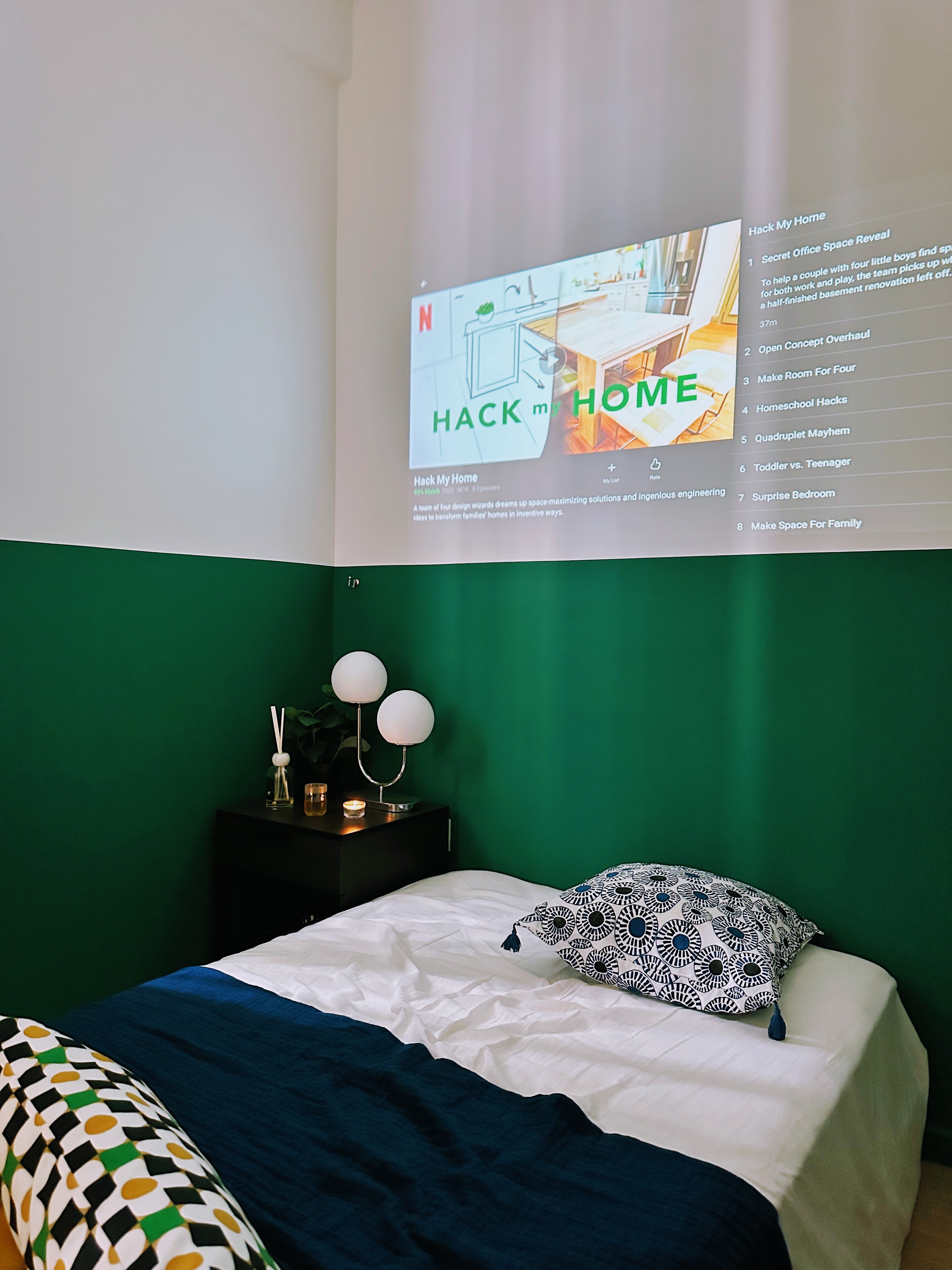 Movie Screening in Bedroom! (Home Office too!) - Green bedroom, modern design, cozy atmosphere, white and black pillows