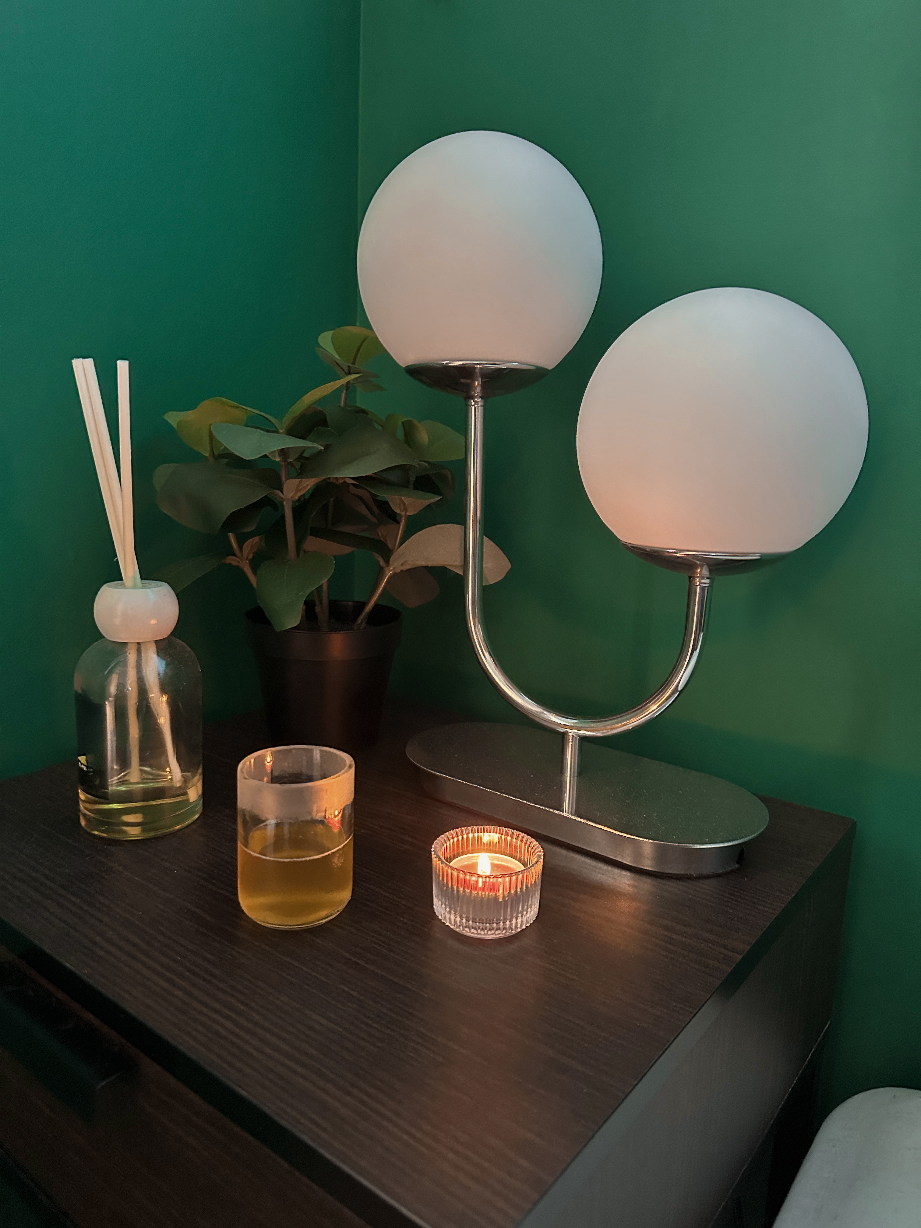 Movie Screening in Bedroom! (Home Office too!) - Green wall, modern lamp, white lampshade, tall lamp stand, glass bottle