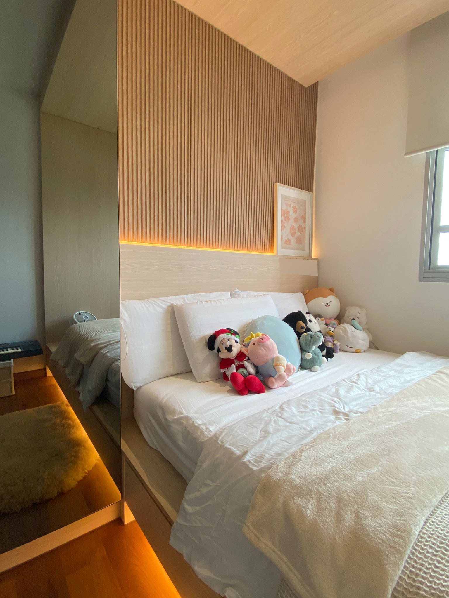 Teenage Room | Japanese Inspired Interior - Wooden accent wall, modern bedroom, cozy bed, plush toys, Mickey Mouse, Winnie