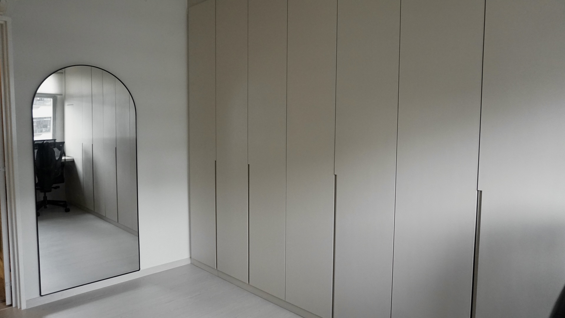 Creating our abode on cloud9, without an ID.  - White minimalist wardrobe, sleek design, modern decor, large mirror, open