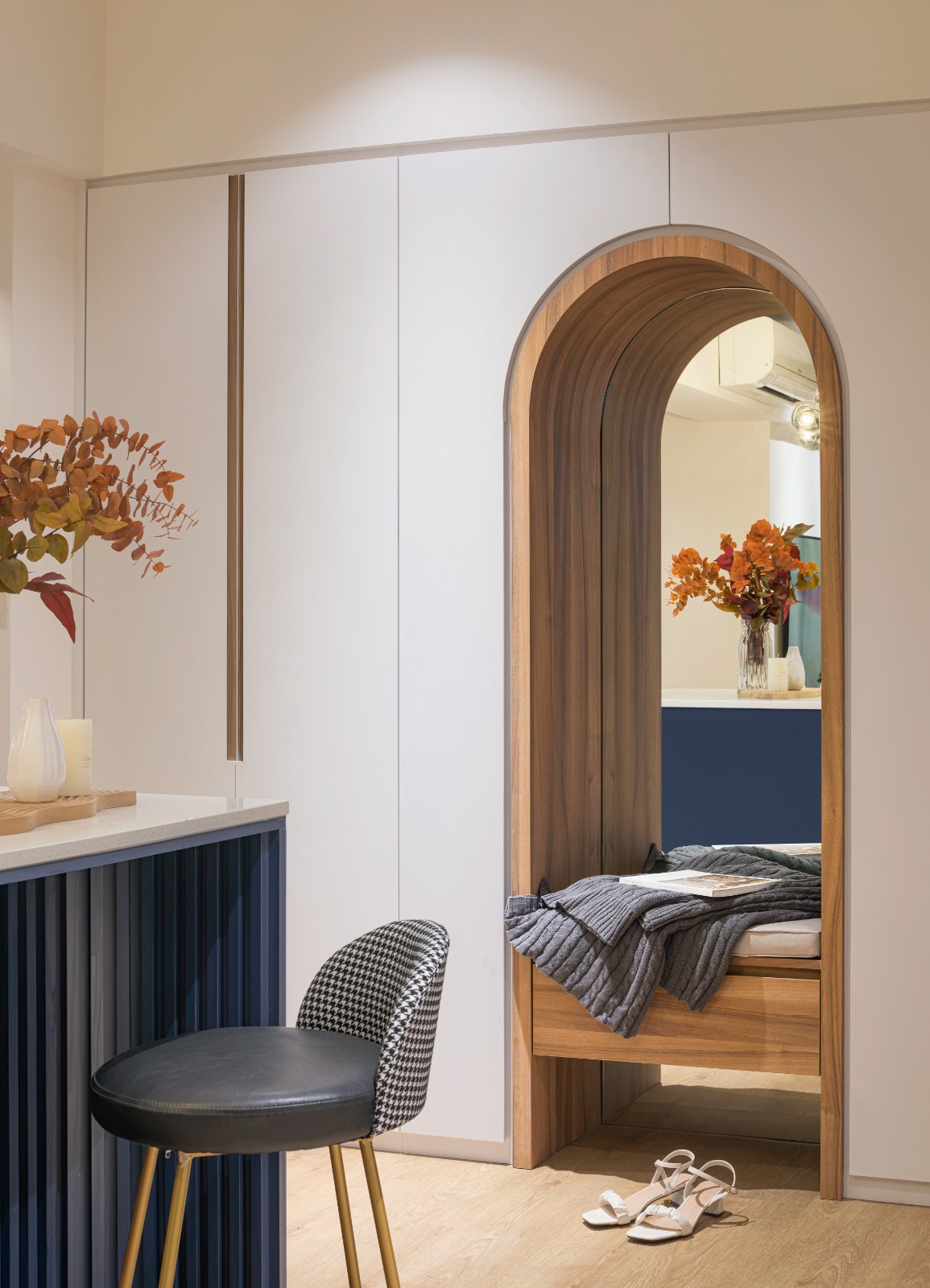 A peek into a 4 Room BTO at Northeast - modern bedroom interior, minimalist design, wooden accents, white and blue color