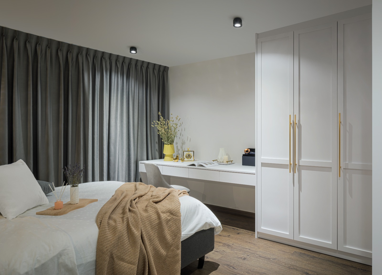 A peek into a 4 Room BTO at Northeast - Grey curtains, minimalist design, cozy bed, white pillows, beige blanket, wooden