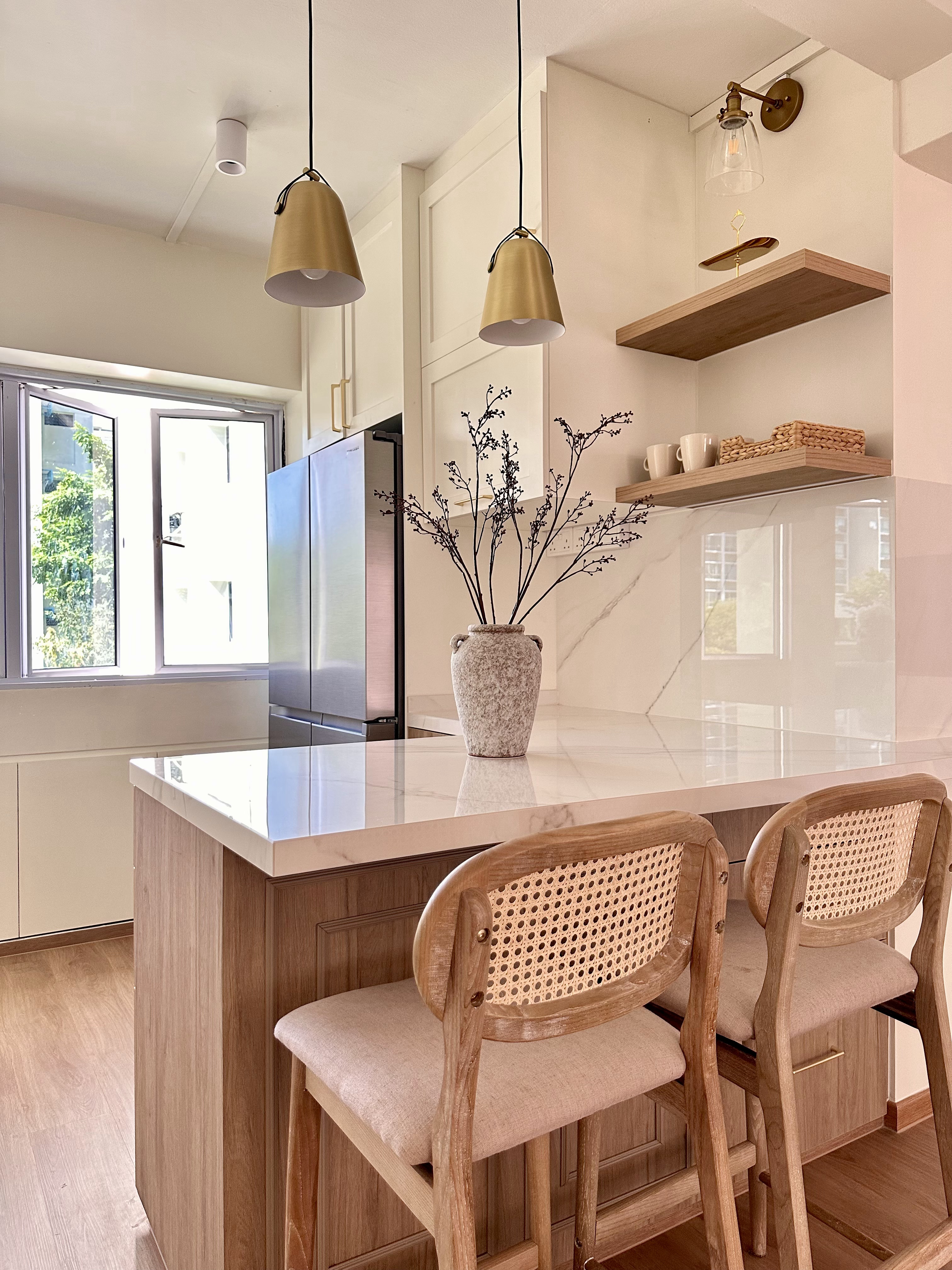 Designing our own modern farmhouse. - Modern kitchen with sleek design, minimalist decor, large window, wooden cabinets