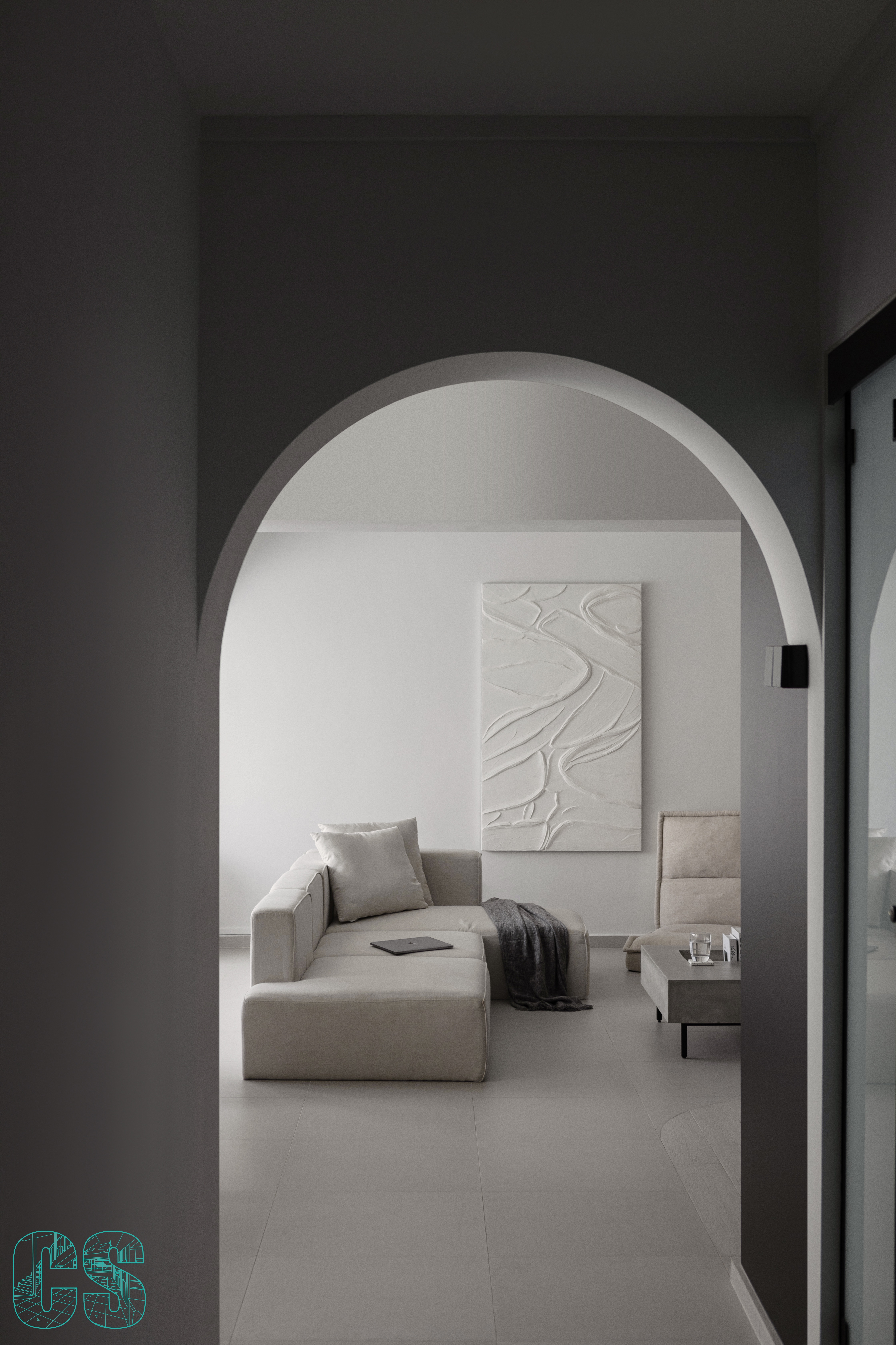 Living in Curves - Modern minimalist living room, sleek furniture design, neutral color palette, abstract art piece, large