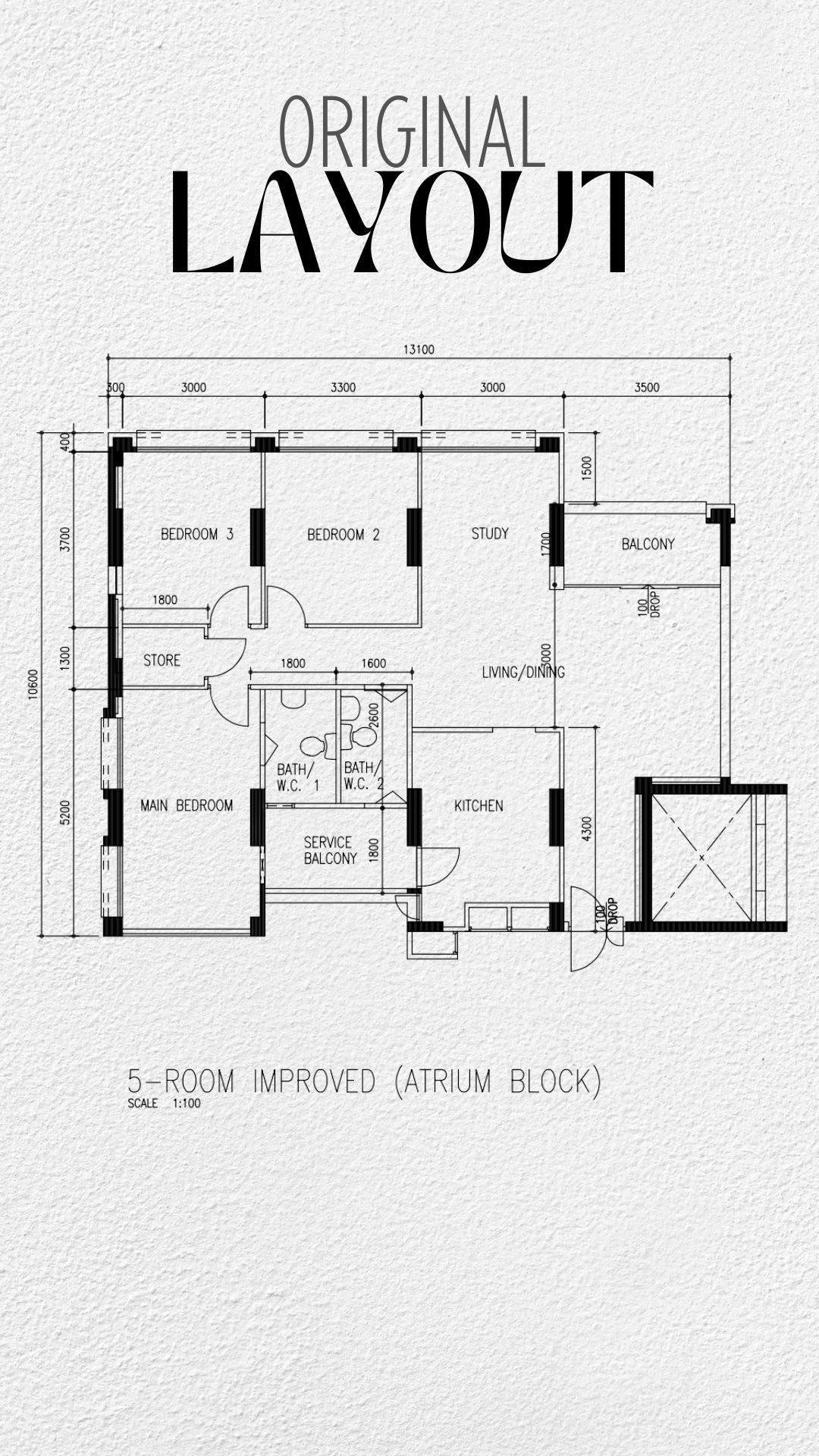 Living in Curves - 5-room improved atrium block layout, 1:100 scale architectural drawing, 3D rendering of a 5-room building