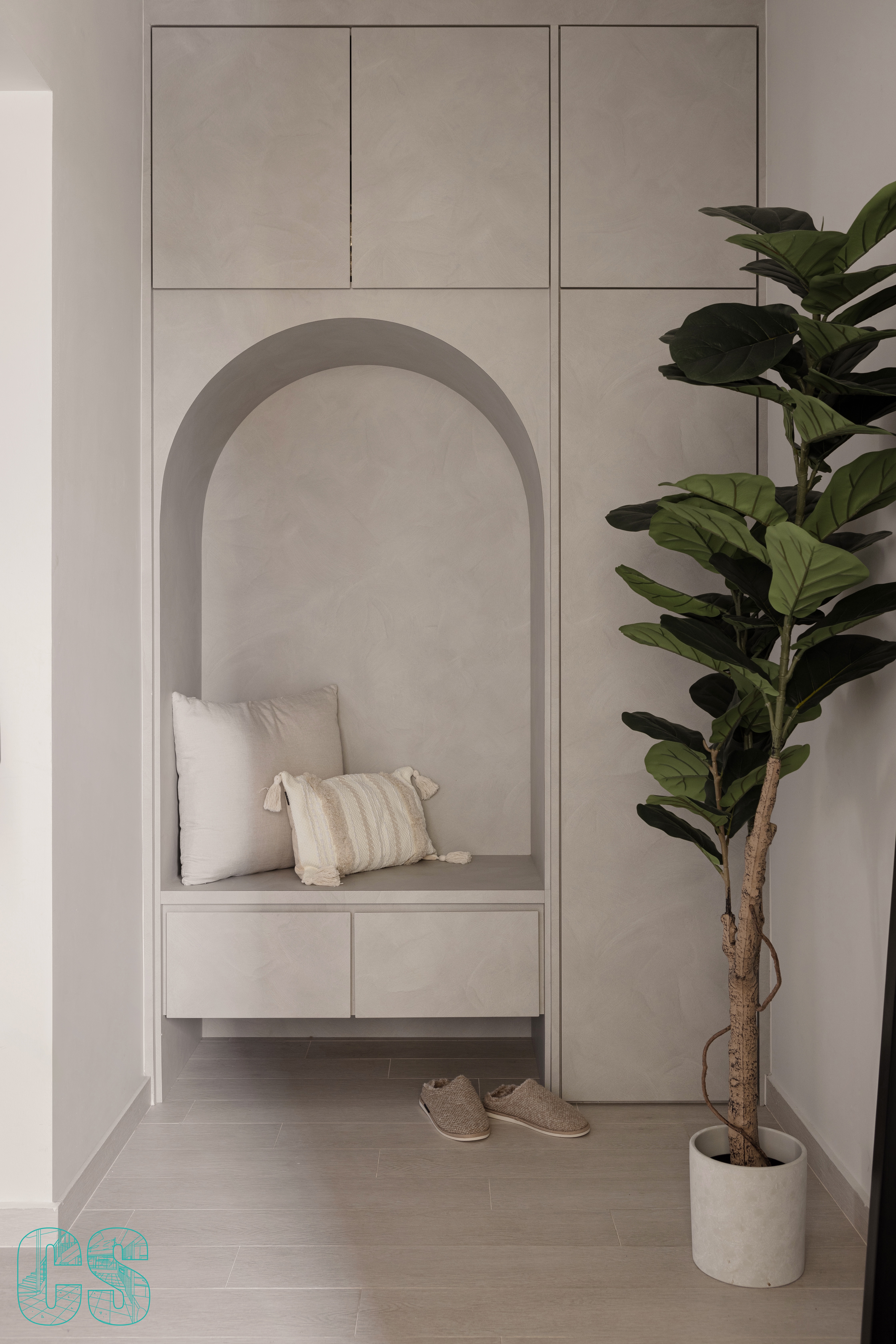 Living in Curves - modern minimalist interior, neutral color palette, soft lighting, floating shelf, textured wall, cozy