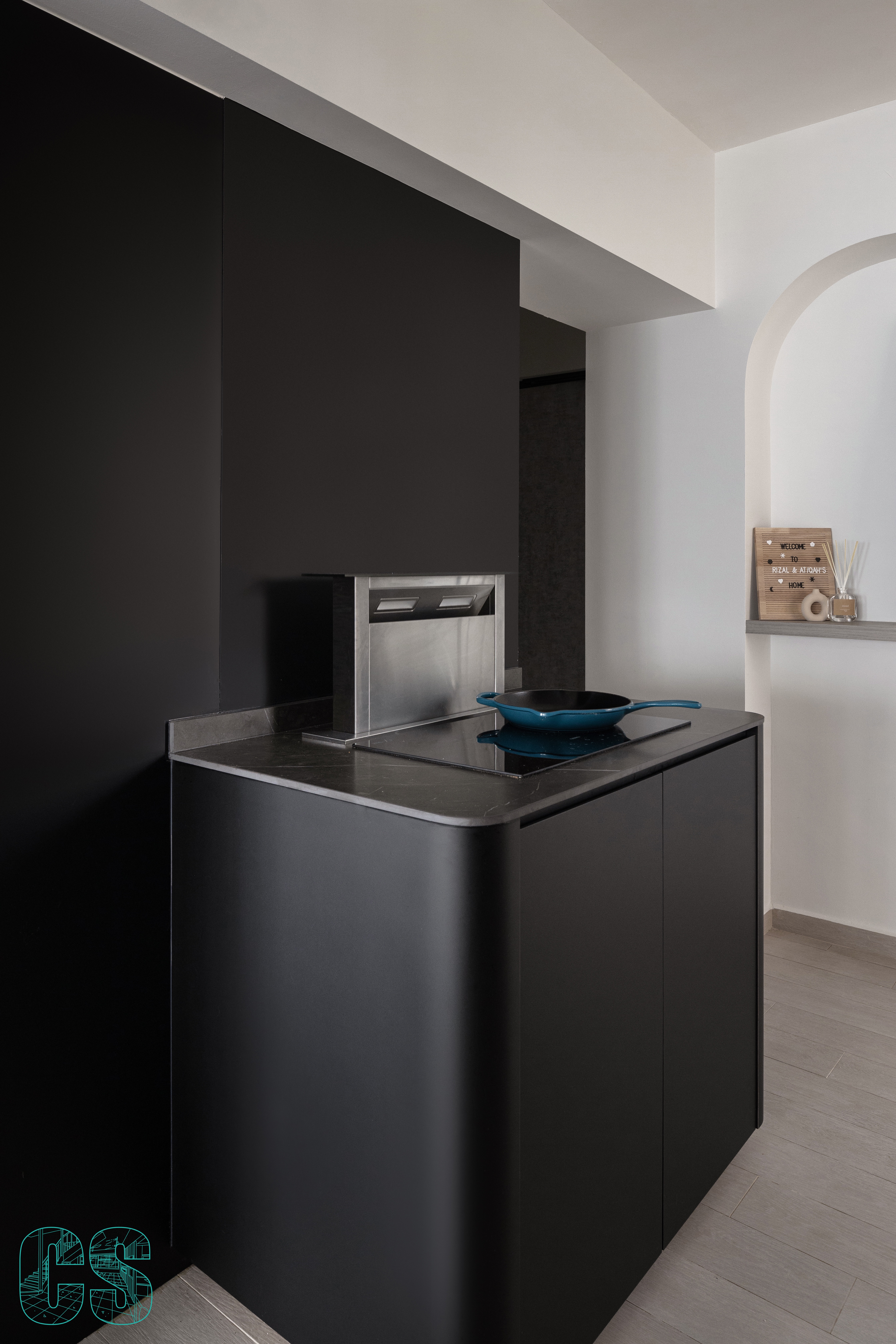 Living in Curves - modern kitchen, minimalist design, sleek cabinetry, black and white color scheme, stainless steel