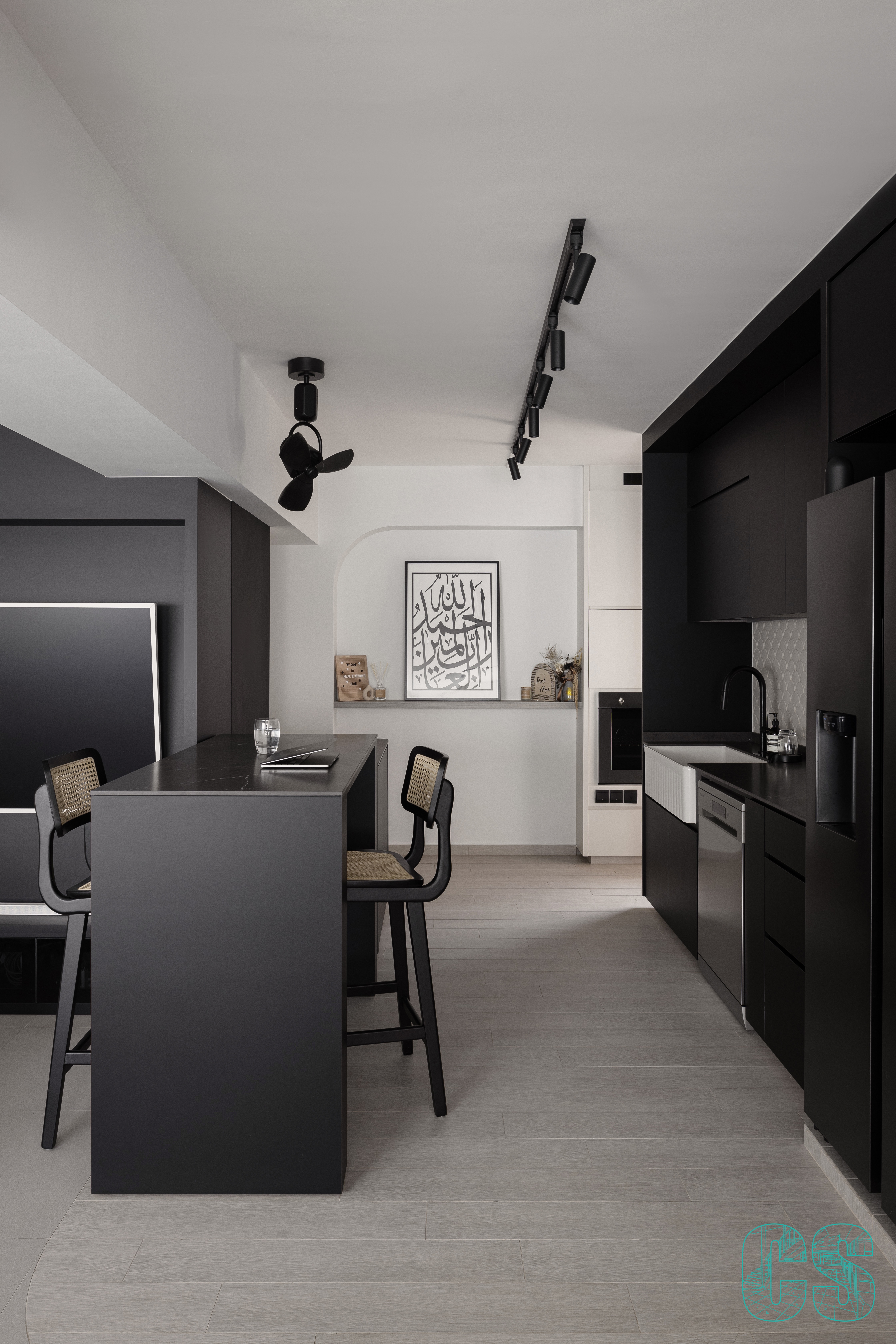 Living in Curves - Modern kitchen with sleek black cabinetry, minimalist design, contemporary furniture, black and white