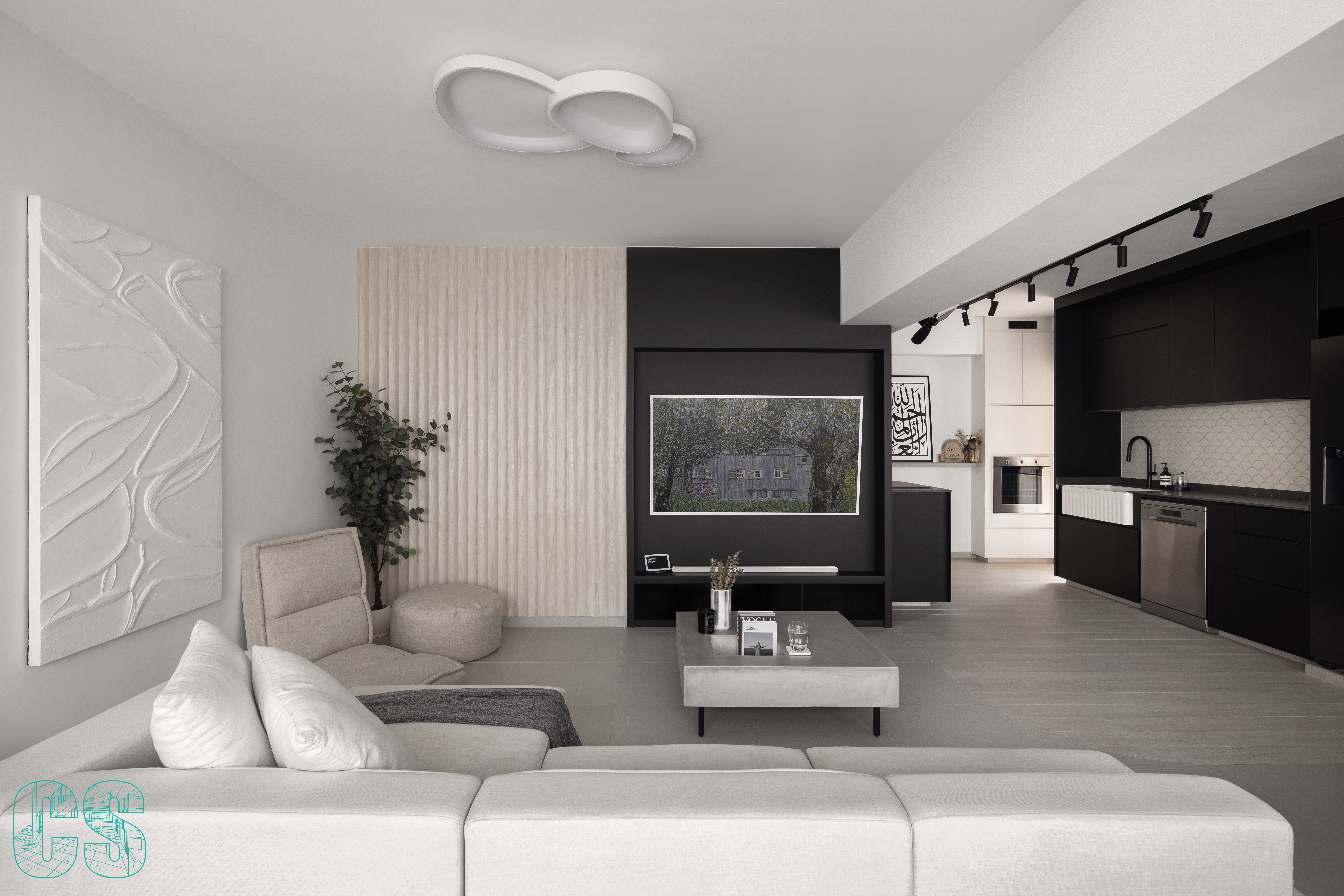 Living in Curves - Modern minimalist living room with abstract art, neutral color palette, contemporary furniture, gray