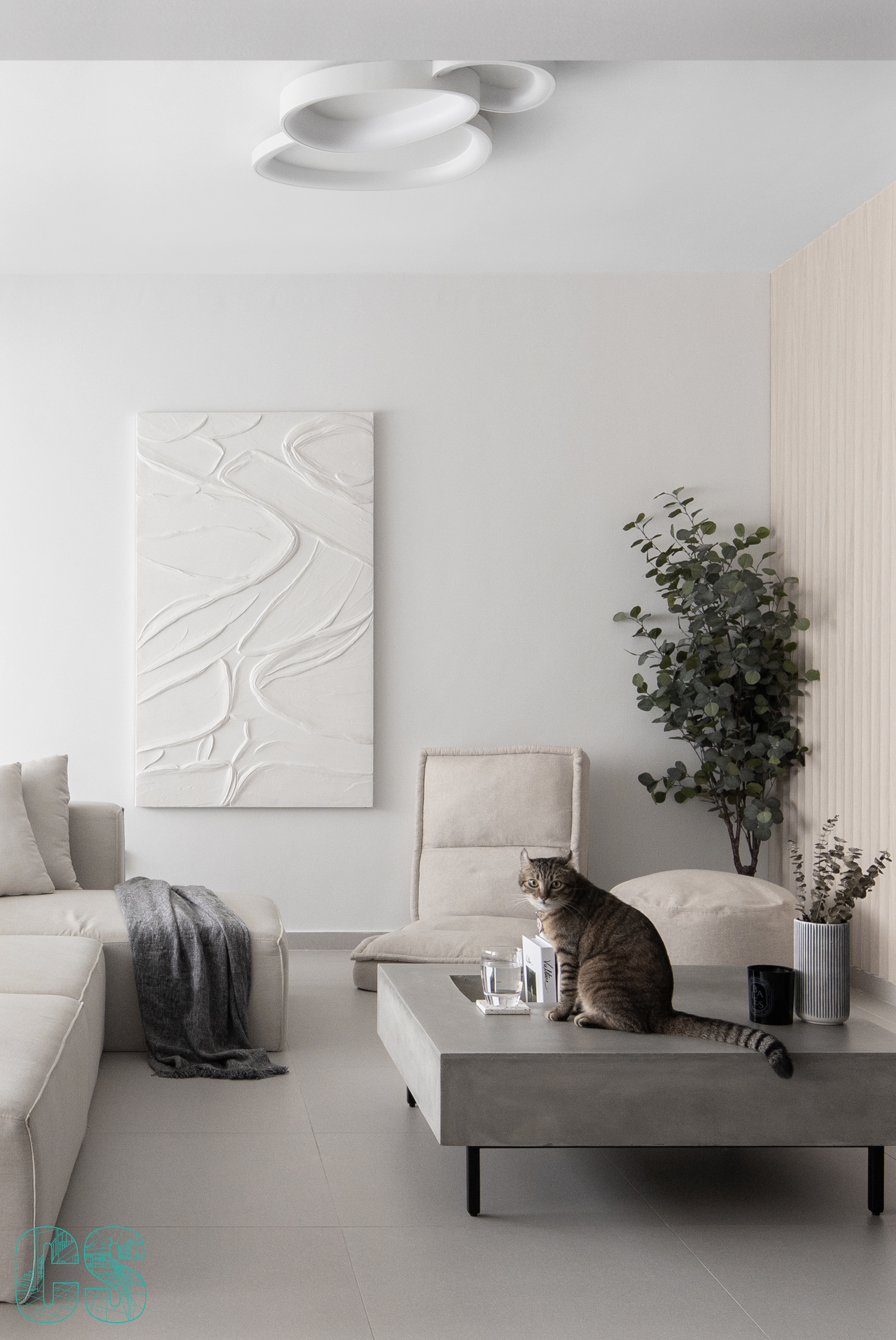 Living in Curves - Minimalist living room, modern art piece, neutral color palette, cozy seating area, gray and beige tones