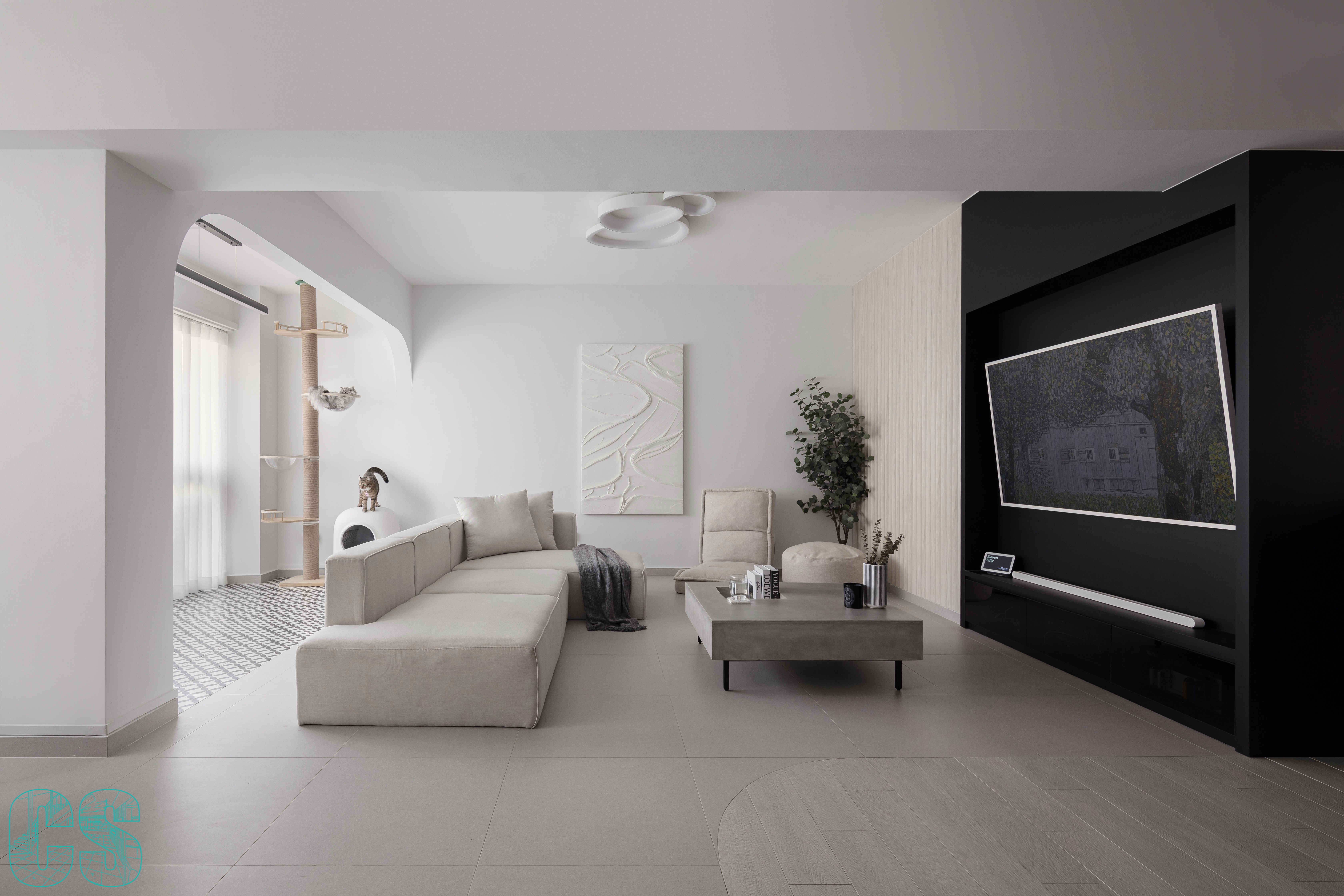 Living in Curves - Modern minimalist living room, sleek furniture design, neutral color palette, contemporary decor, large