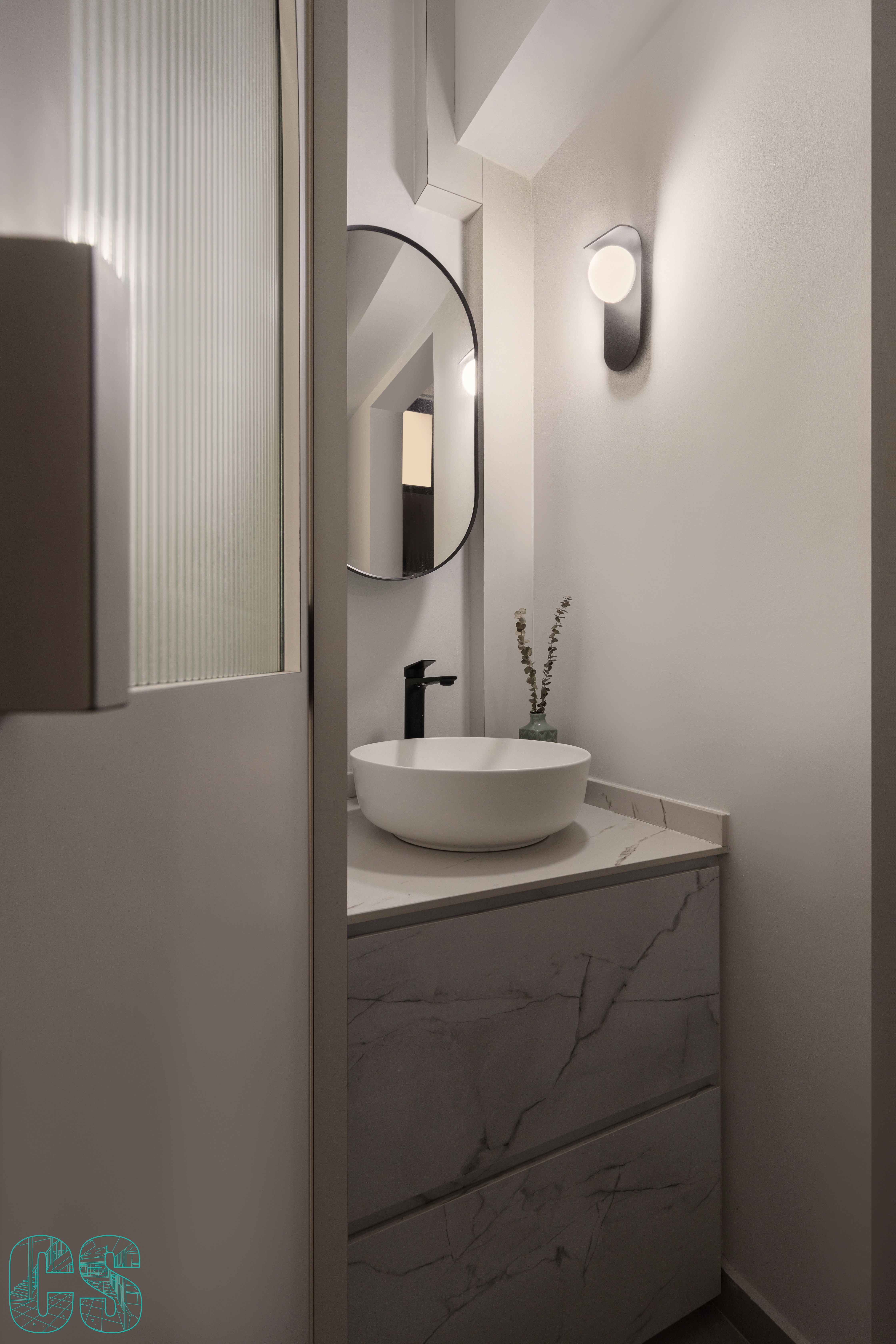 Living in Curves - Modern minimalist bathroom, sleek vanity, white marble countertop, black faucet, round mirror