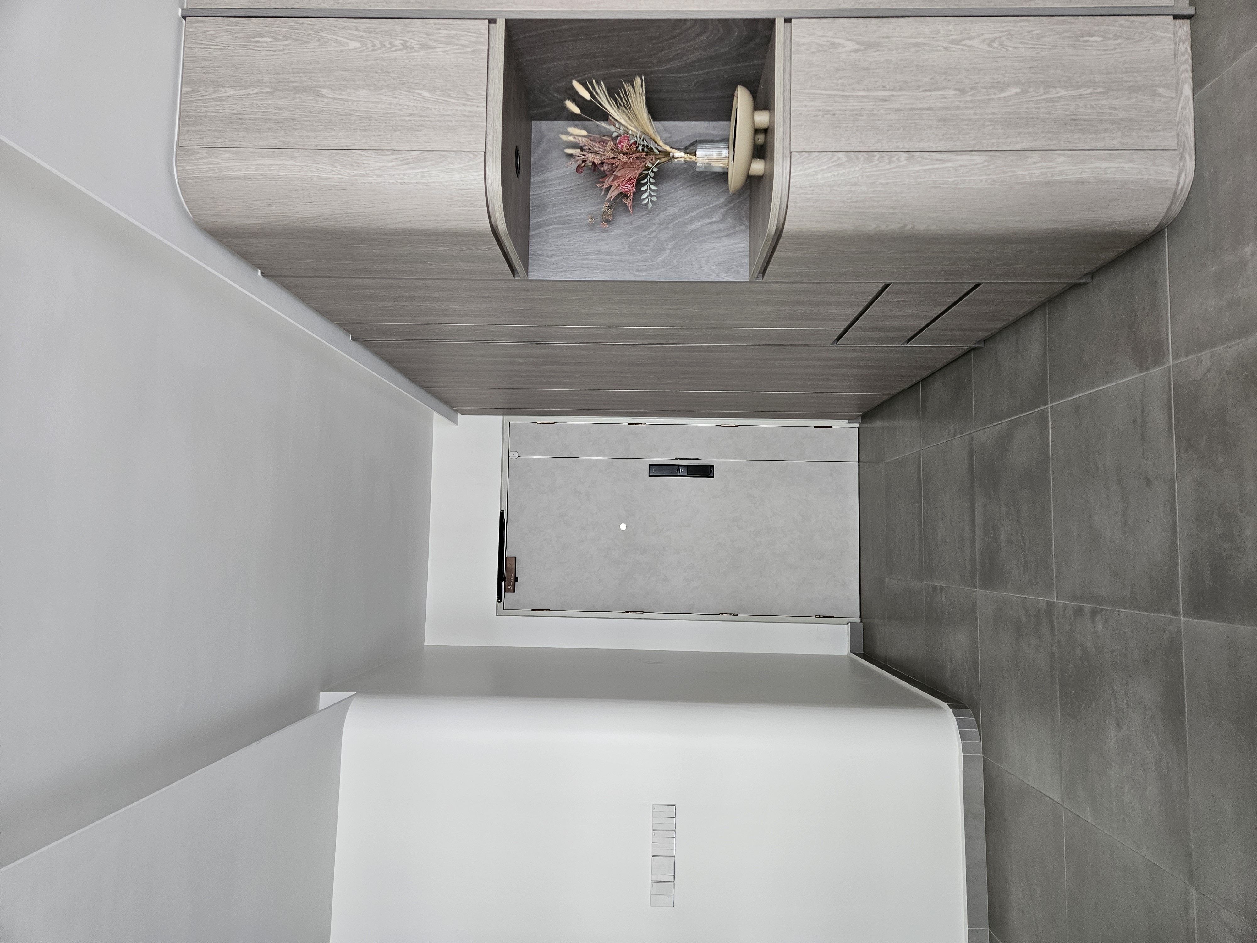 Welcome to our Texturised Minimalist Nest - modern kitchen cabinetry, minimalist design, wooden accents, gray tones, sleek