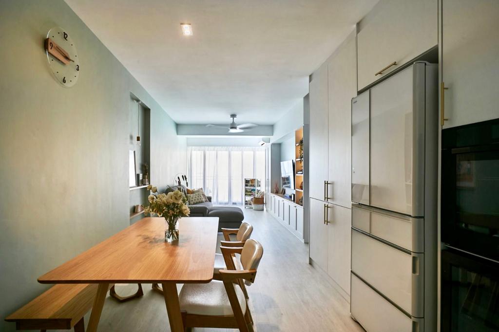 Welcome to our Open Concept Kids Friendly Home  - Wooden dining table, modern kitchen, white cabinets, minimalist design