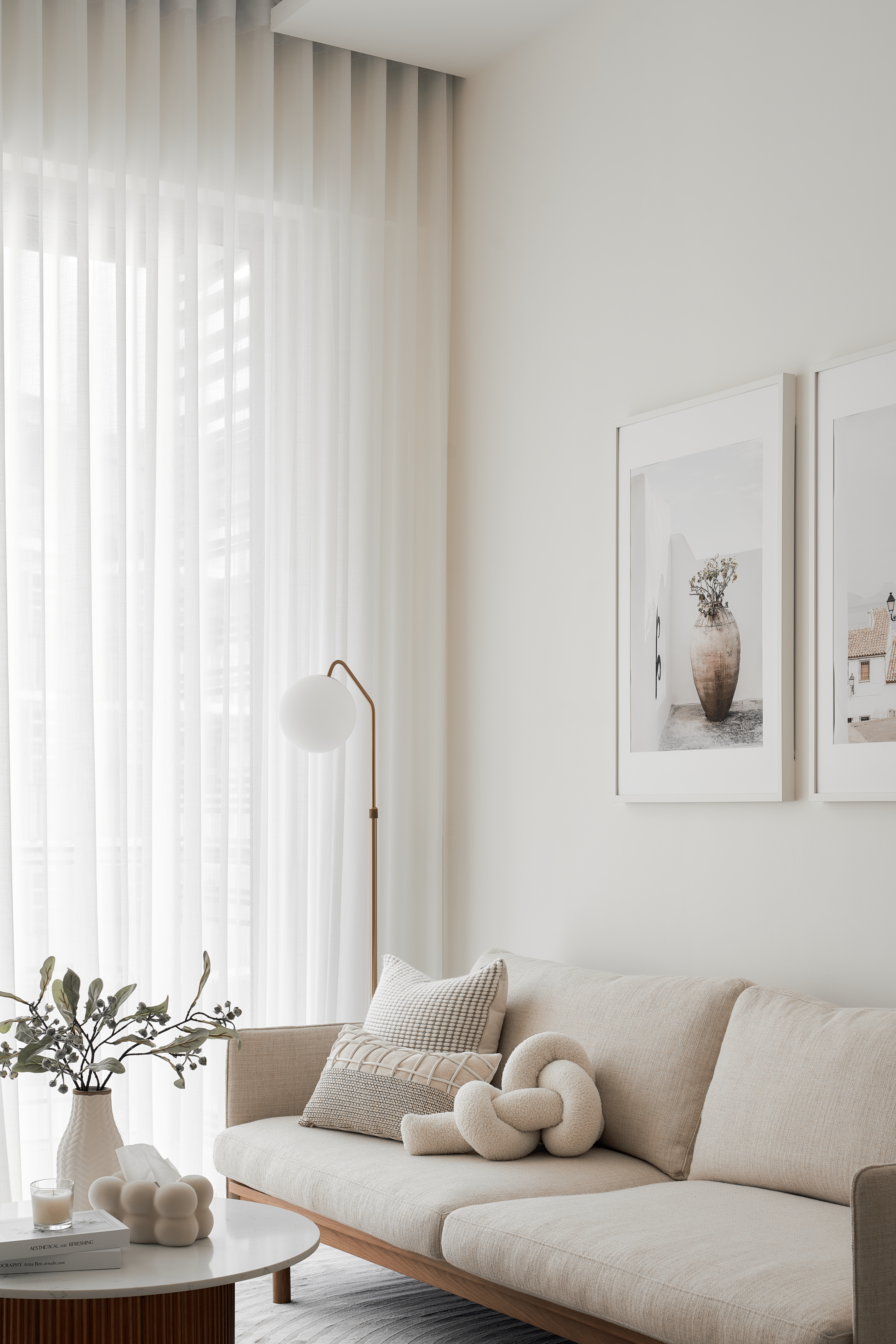 Urban Farmhouse Living - Bright & Airy Condo in the East - White sheer curtains, minimalist decor, modern living room