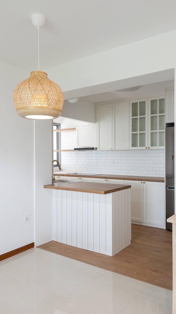 Step into our smol house with a farmhouse kitchen theme - White kitchen with wooden accents, modern design, minimalist style