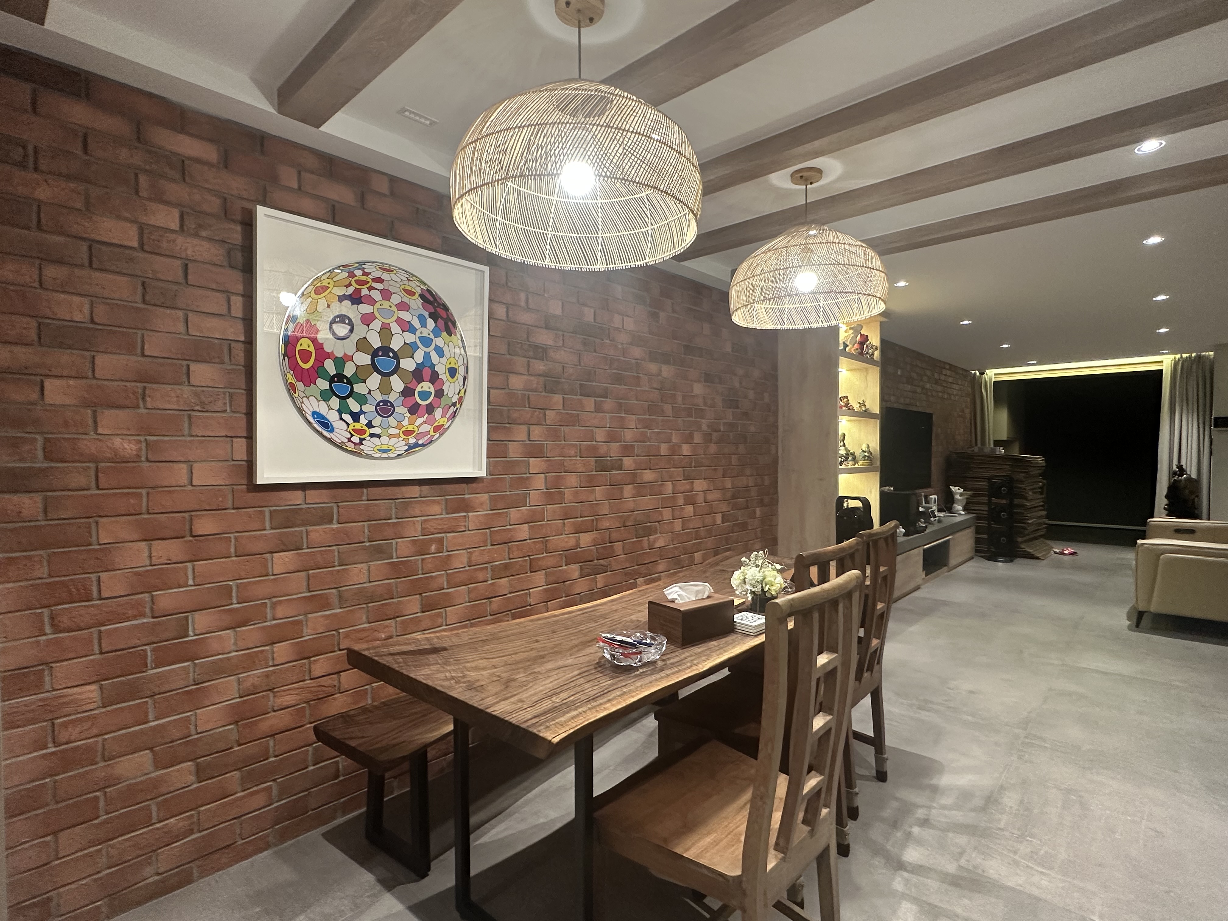 Welcome to resort.d.lala! - Brick wall, modern dining room, wooden furniture, rustic charm, cozy atmosphere, contemporary