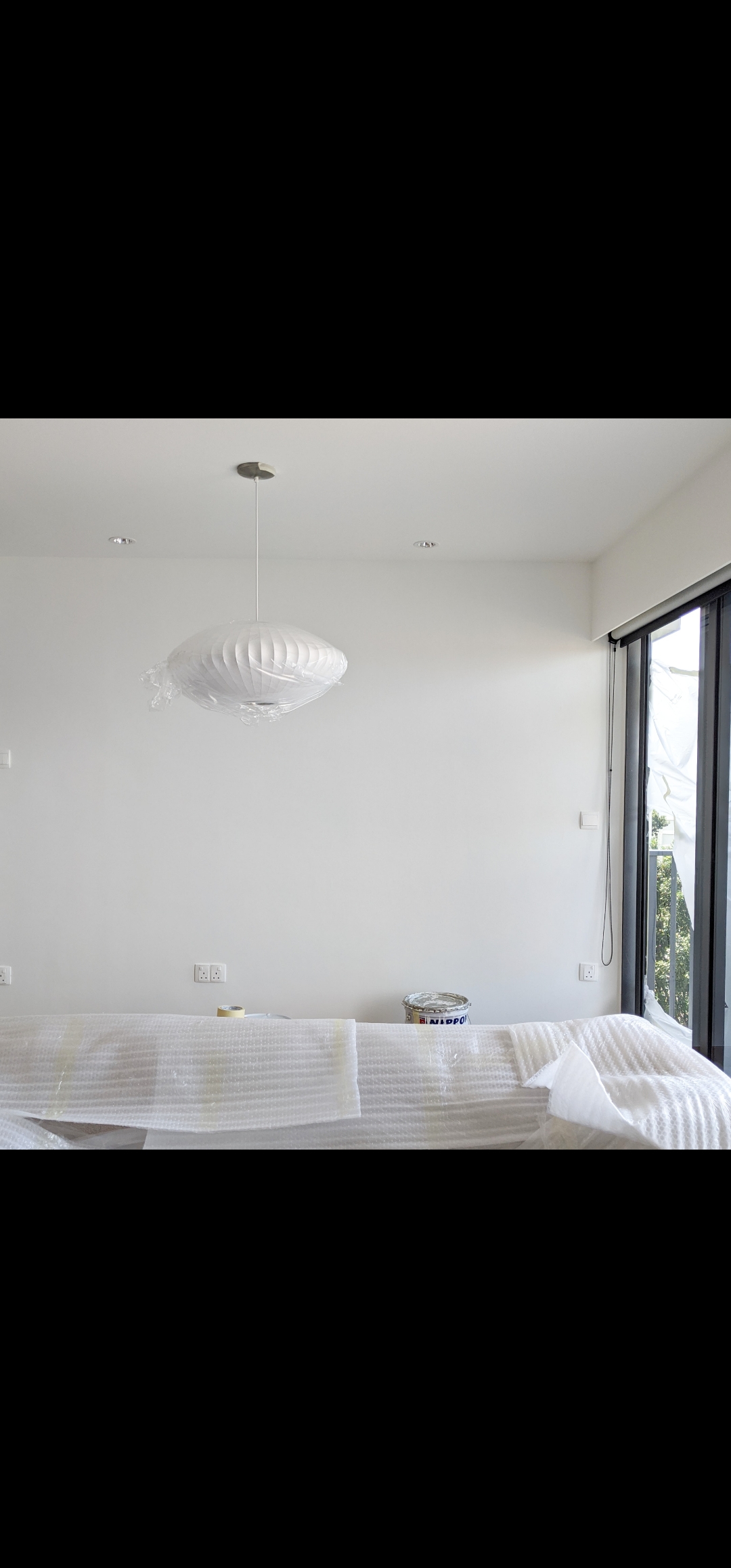 The Evolution - Dining Edition - Modern minimalist interior, white walls, ceiling lights, floating pendant light, bubble wrap