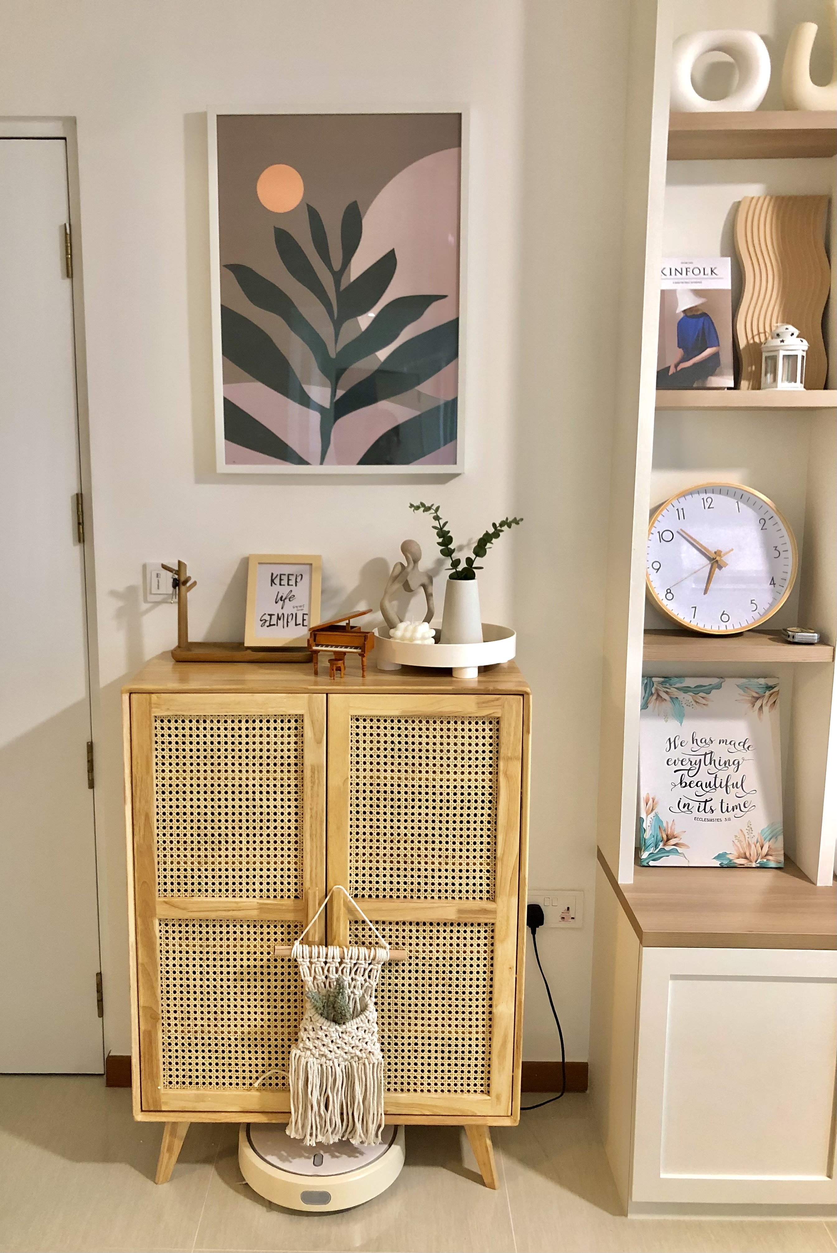 Step into our smol house with a farmhouse kitchen theme - Wooden cabinet with woven design, minimalist decor, abstract art