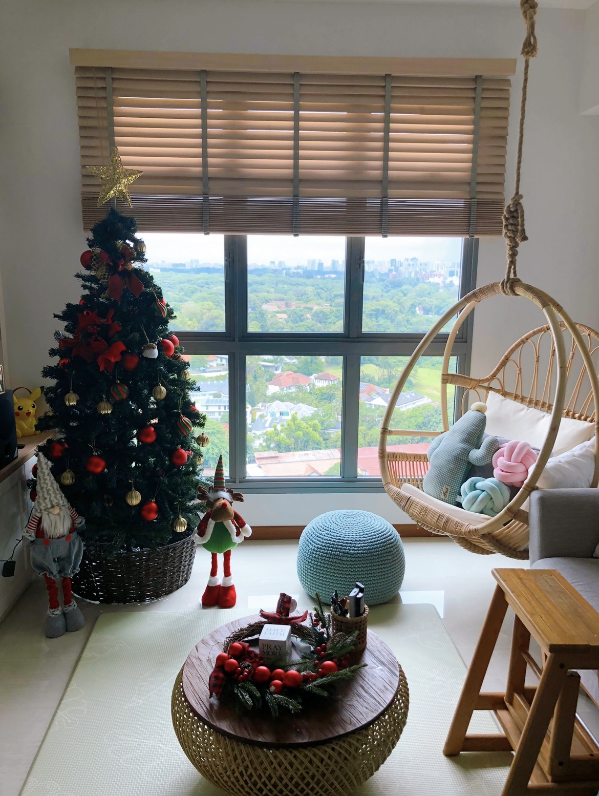 Step into our smol house with a farmhouse kitchen theme - Christmas tree, festive decorations, window view, indoor setting