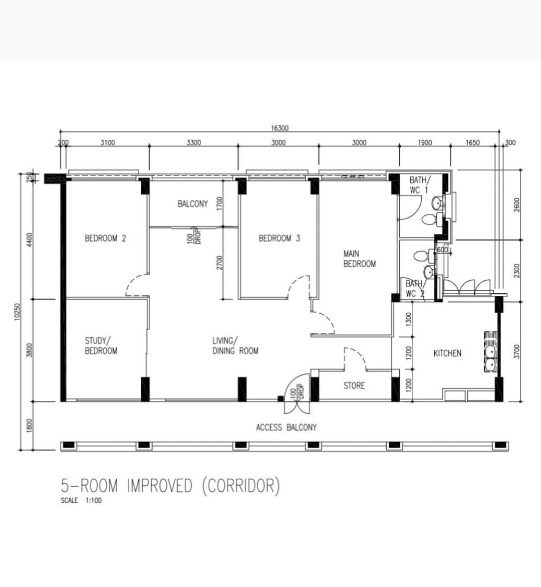 Modern Rustic with a touch of Scandinavian - 5-room improved (corridor), 1:100 scale, architectural drawing, 5-bedroom