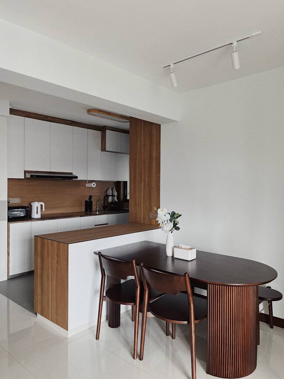 Mid-modern century with hand-me-down built-ins - Modern kitchen with sleek design, minimalist furniture, wooden accents