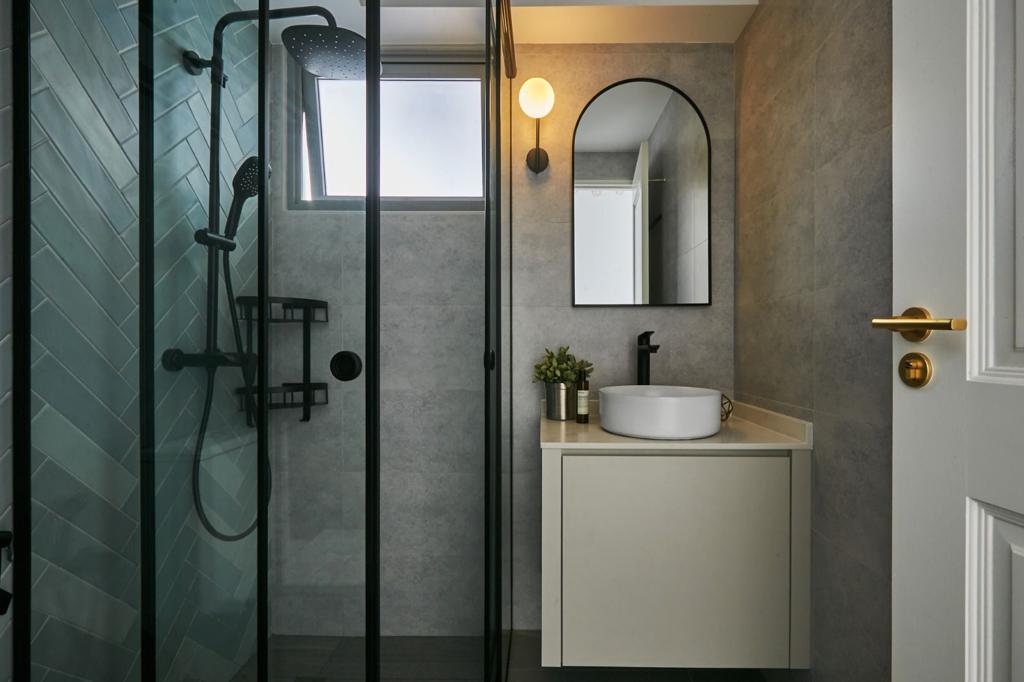 Welcome to our Open Concept Kids Friendly Home  - Glass-enclosed shower with black fixtures, gray herringbone tile walls