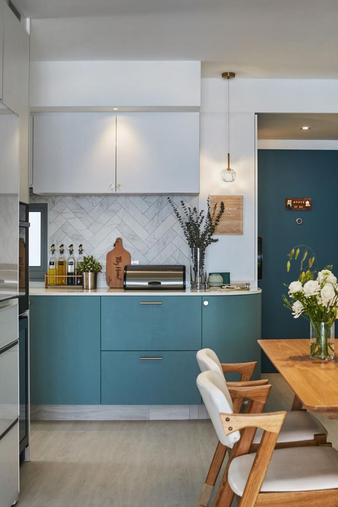 Welcome to our Open Concept Kids Friendly Home  - Modern kitchen with teal cabinets, white upper cabinets, white appliances