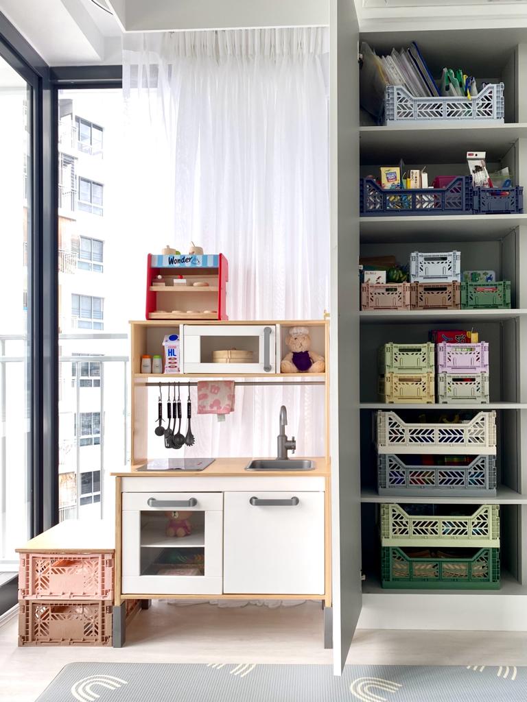 Welcome to our Open Concept Kids Friendly Home  - Children's play kitchen with built-in cabinets, colorful storage bins