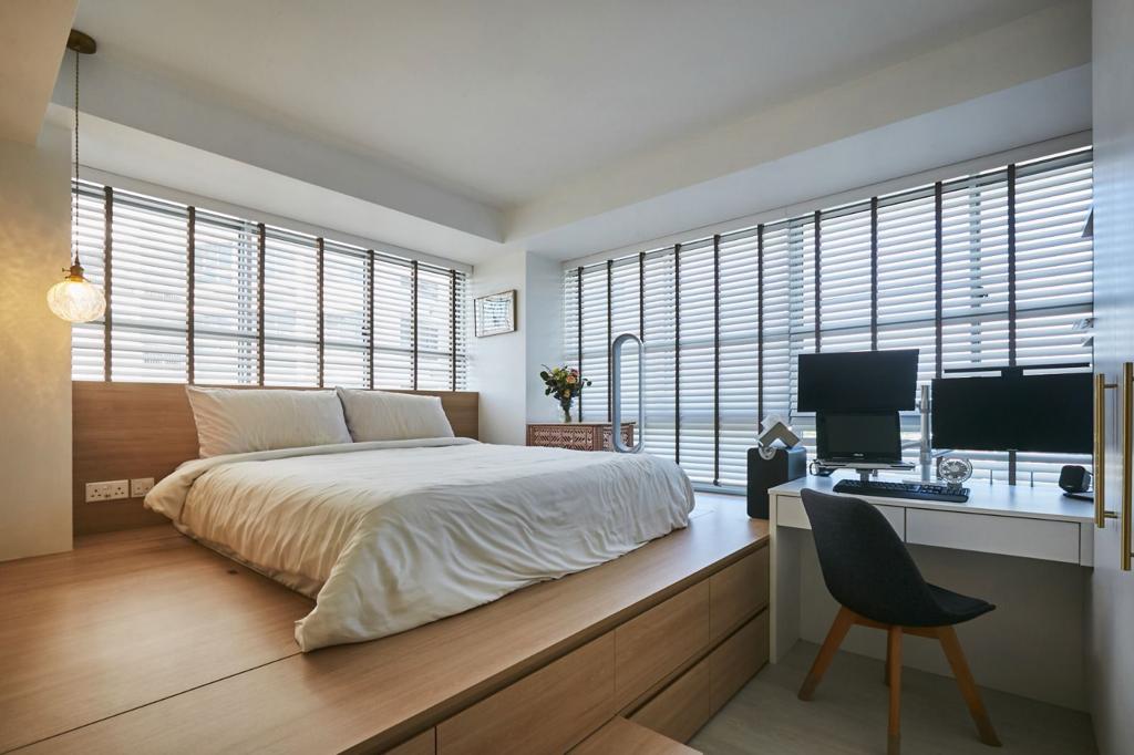 Welcome to our Open Concept Kids Friendly Home  - Modern bedroom with large bed, wooden flooring, large windows with blinds