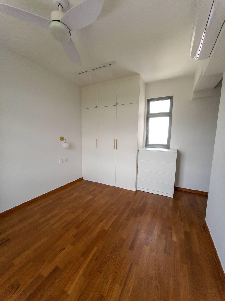 Step into our smol house with a farmhouse kitchen theme - White spacious room with wooden floor, white ceiling fan, large