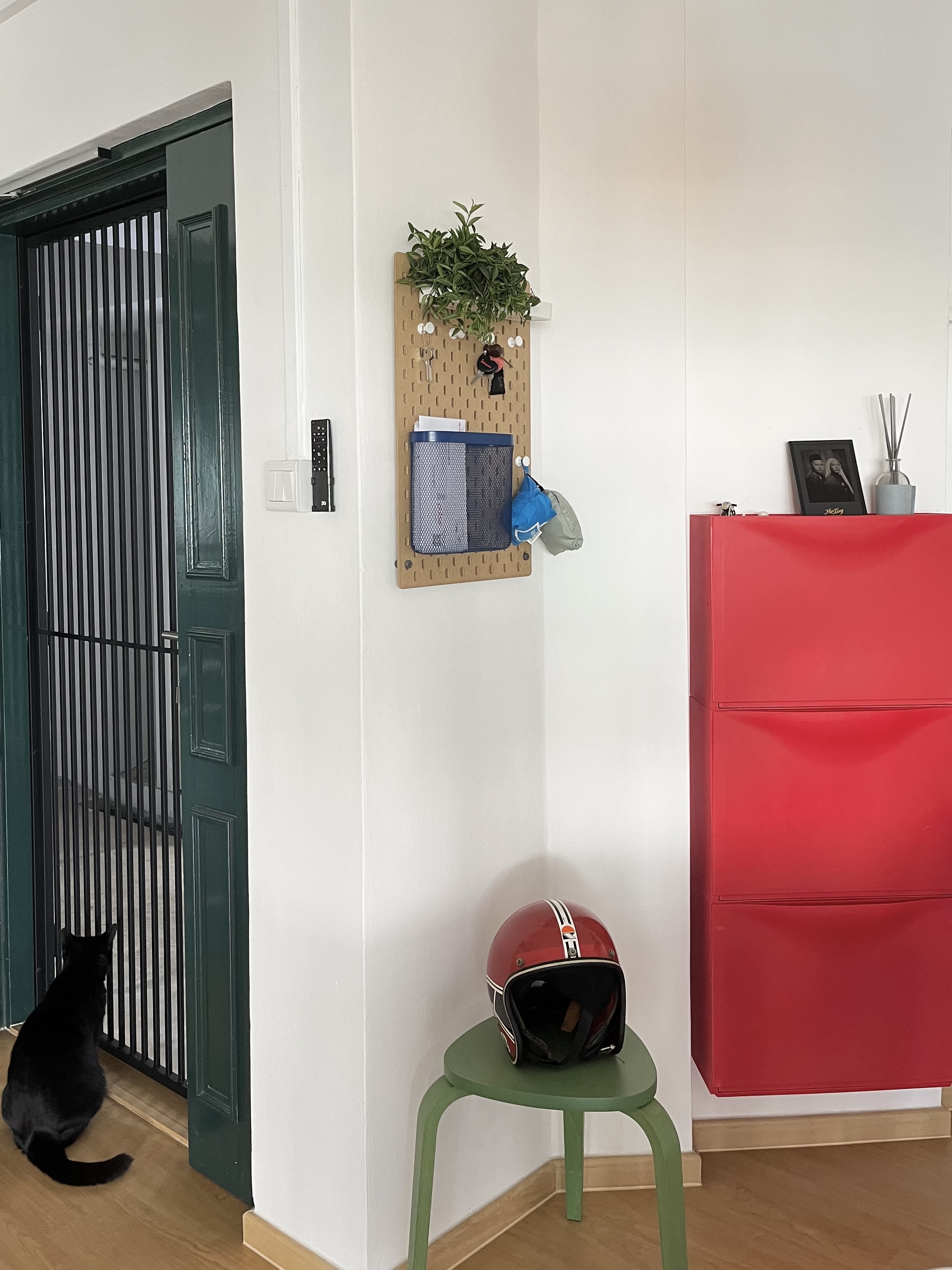 Home Sweet Kindercore - Where Fun Meets Comfort - green door, black cat, red cabinet, white wall, wooden floor, black and red